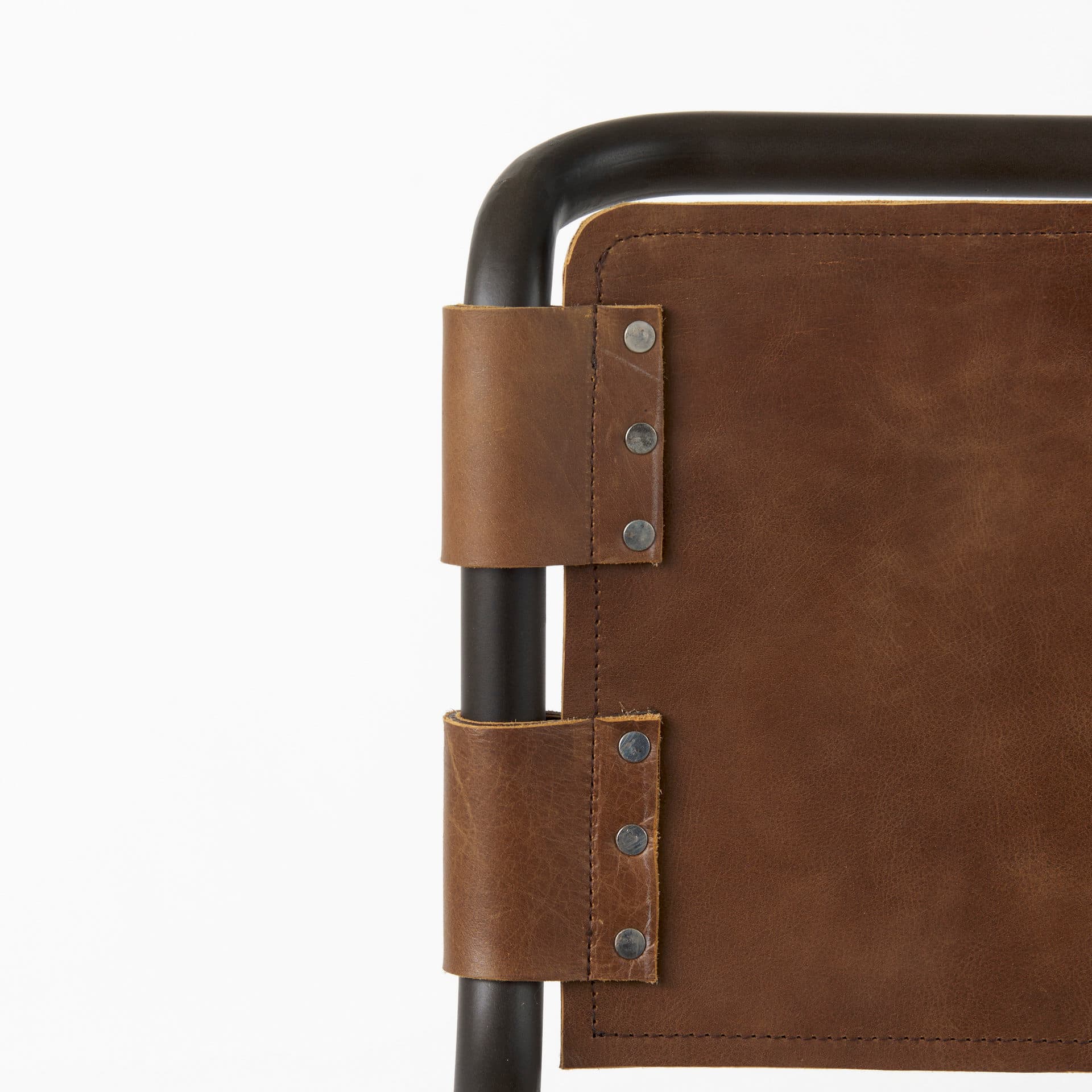 Berbick Low Back 26in Seat Counter Stool | Brown Leather w/ Gray Metal — product photograph