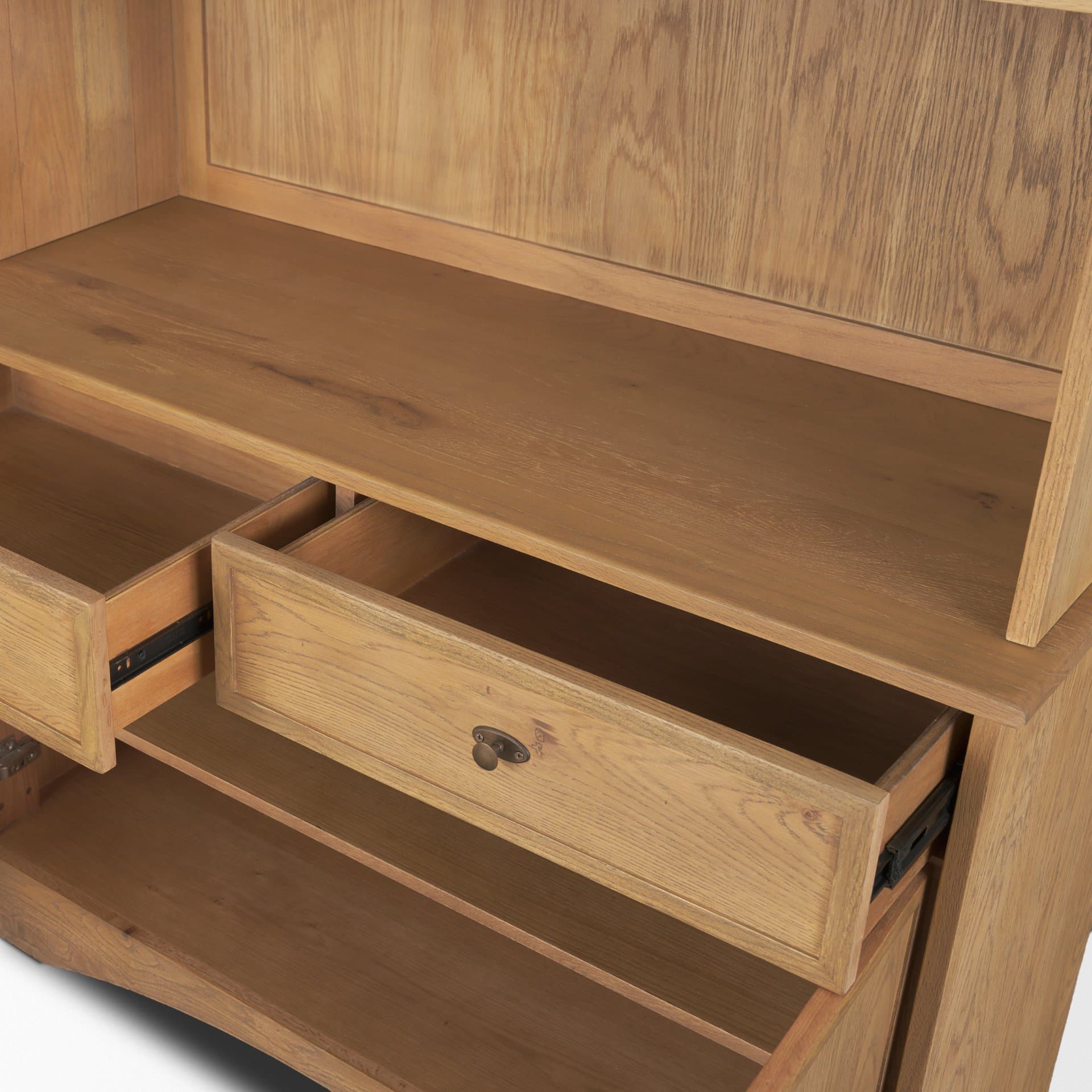 Carrington 85" Sideboard & Hutch | Brown Oak Wood w/ Brass Hardware — product photograph