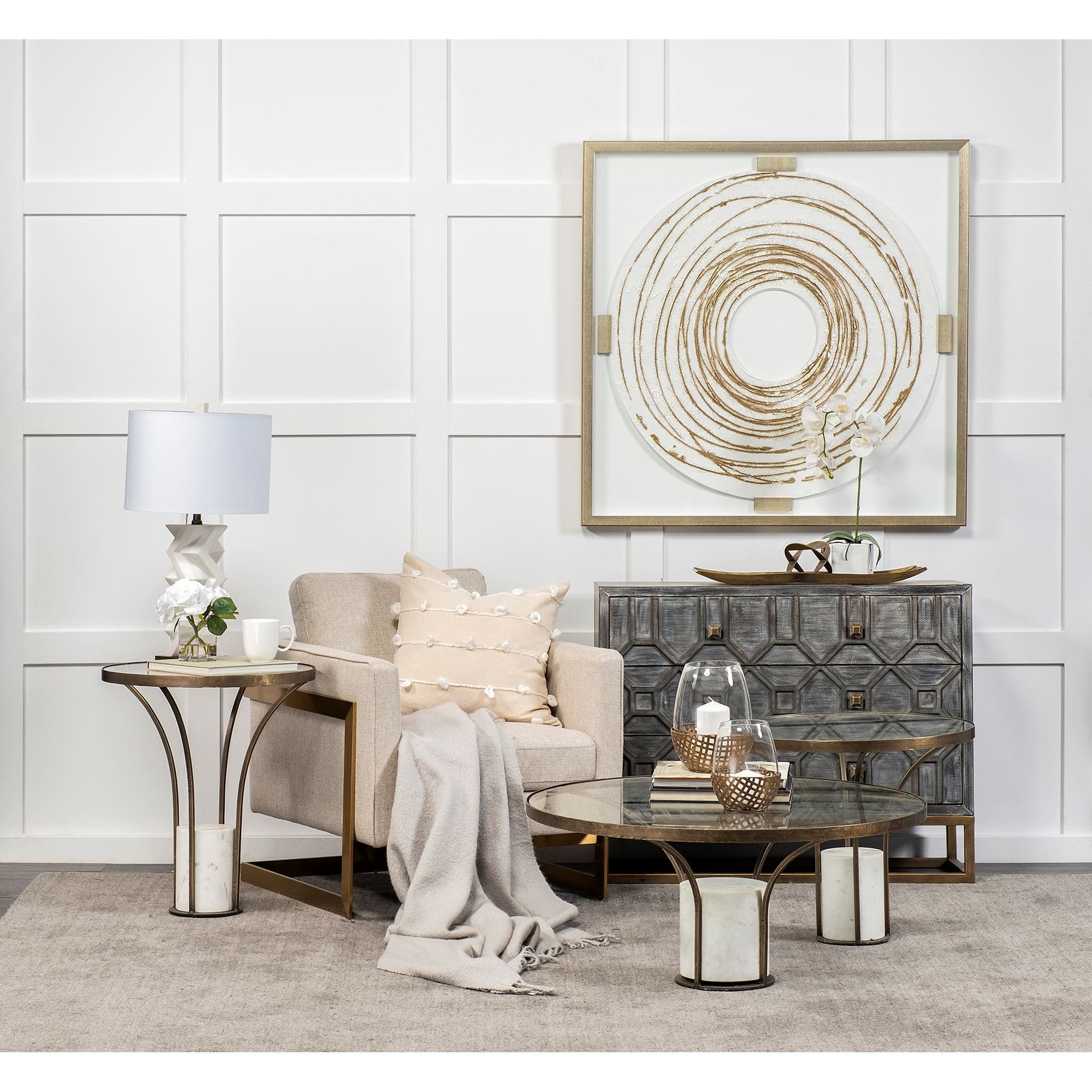 Reena I Small Gold Woven Metal Base Table Candle Holder — in a styled room