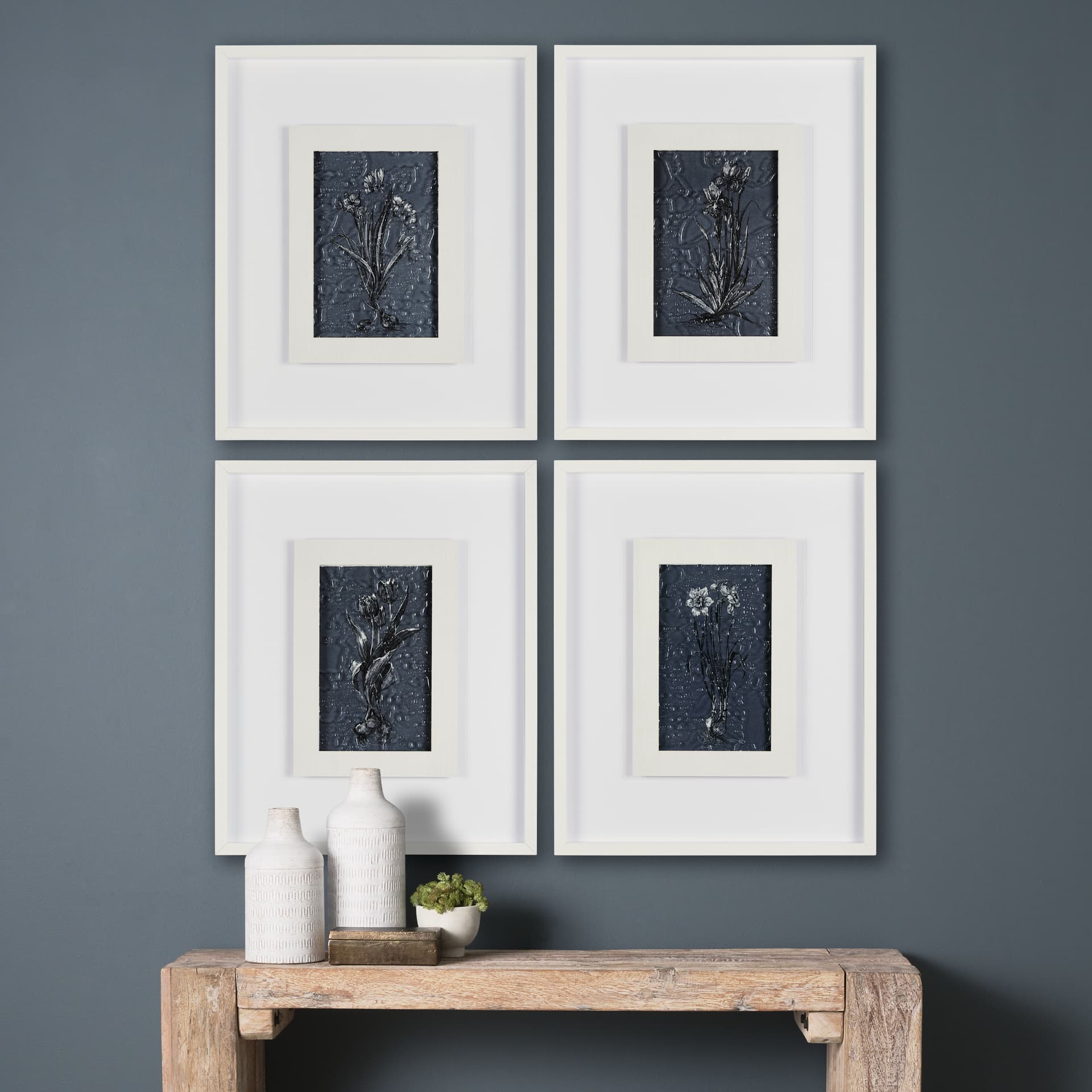 Botanical sketches I (Blue) by Mercana Studio Hand Embellished Framed Art Print Matted under Glass — in a styled room