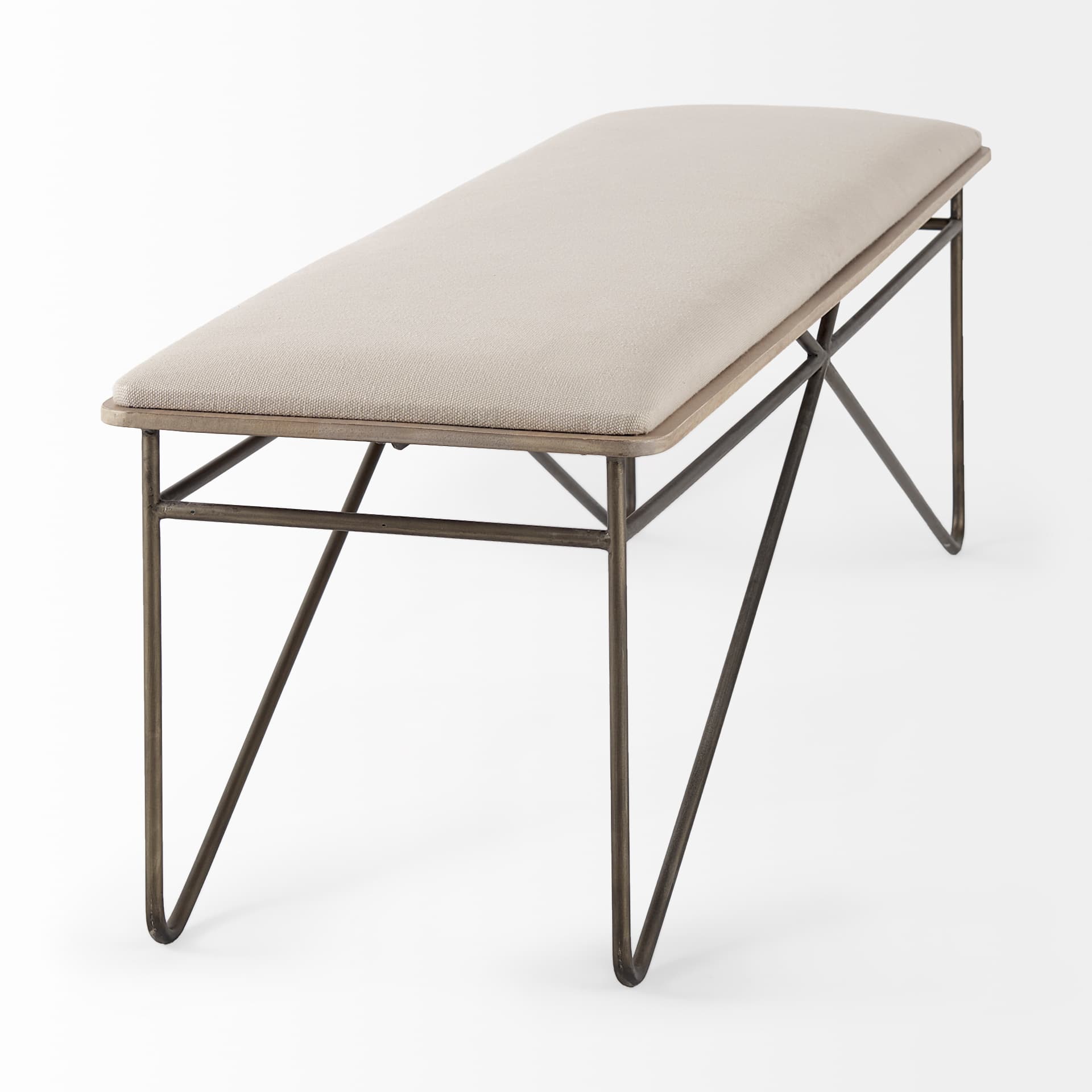 Camille 55.5L x 16.0W x 17.0H Cream Fabric Seat W/ Metal Frame Bench — product photograph