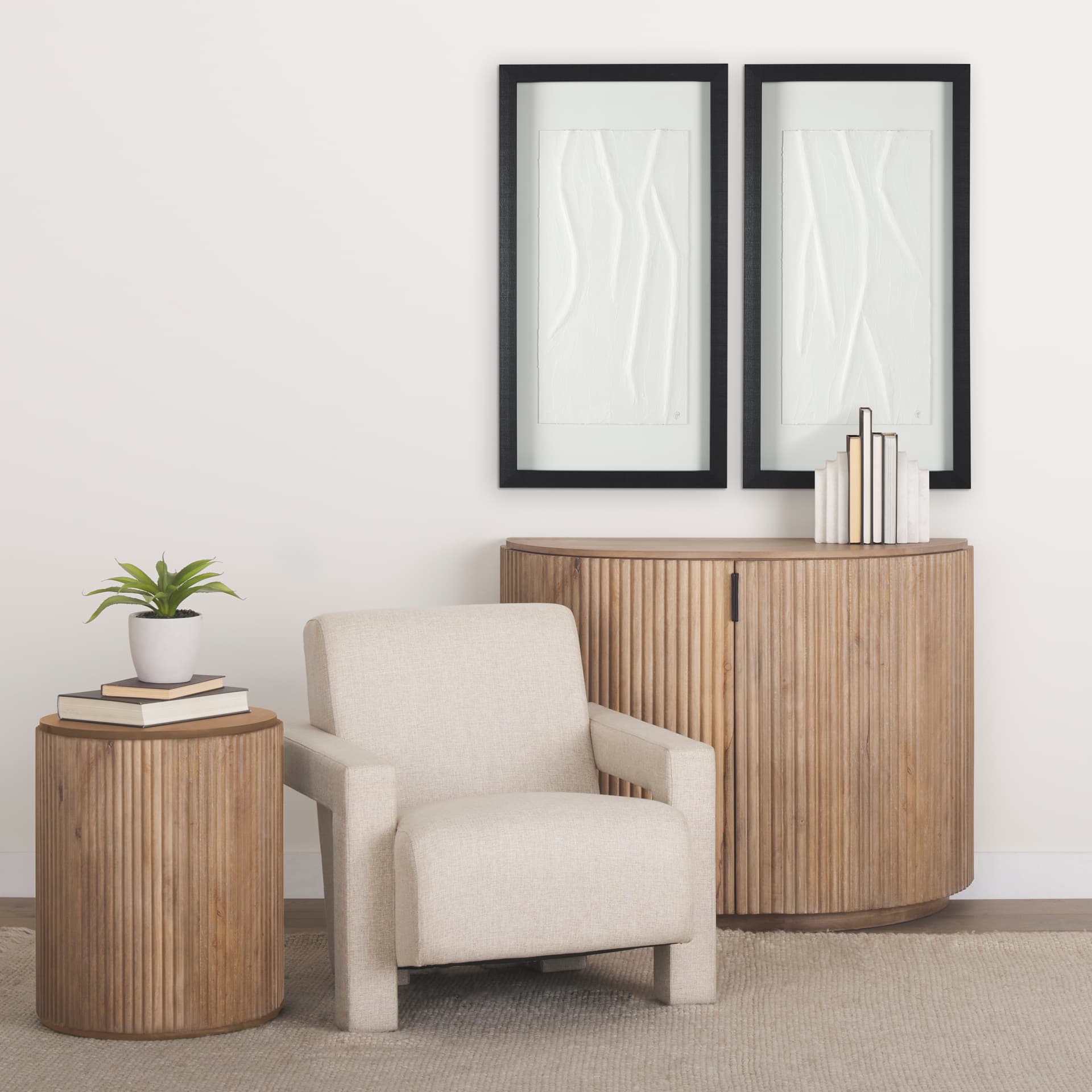 Terra 18L x 18W x 22H Light Brown Wood Fluted Round Side Table — in a styled room