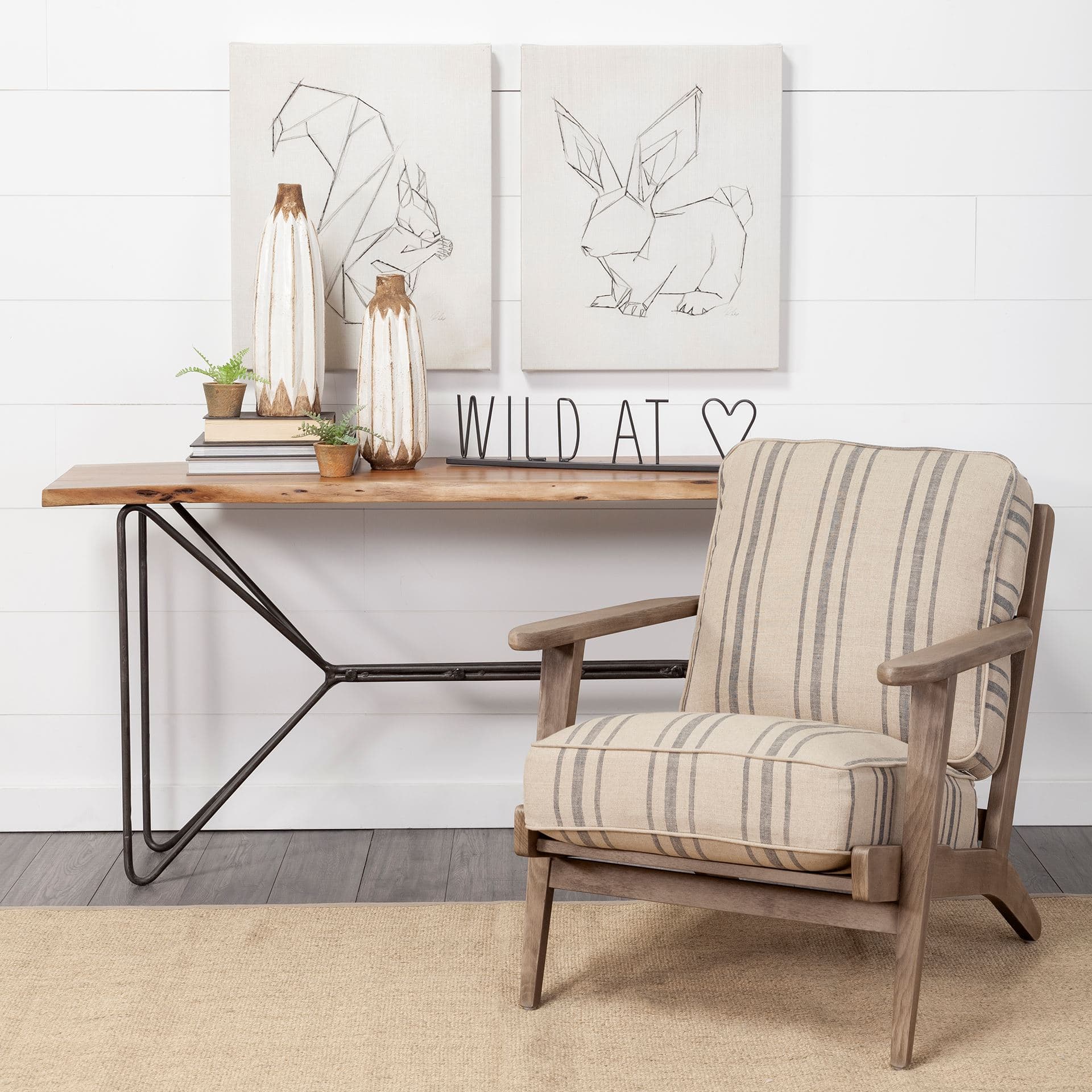 Papillion I 66L x 16W Natural Solid Wood and Iron Console Table — in a styled room