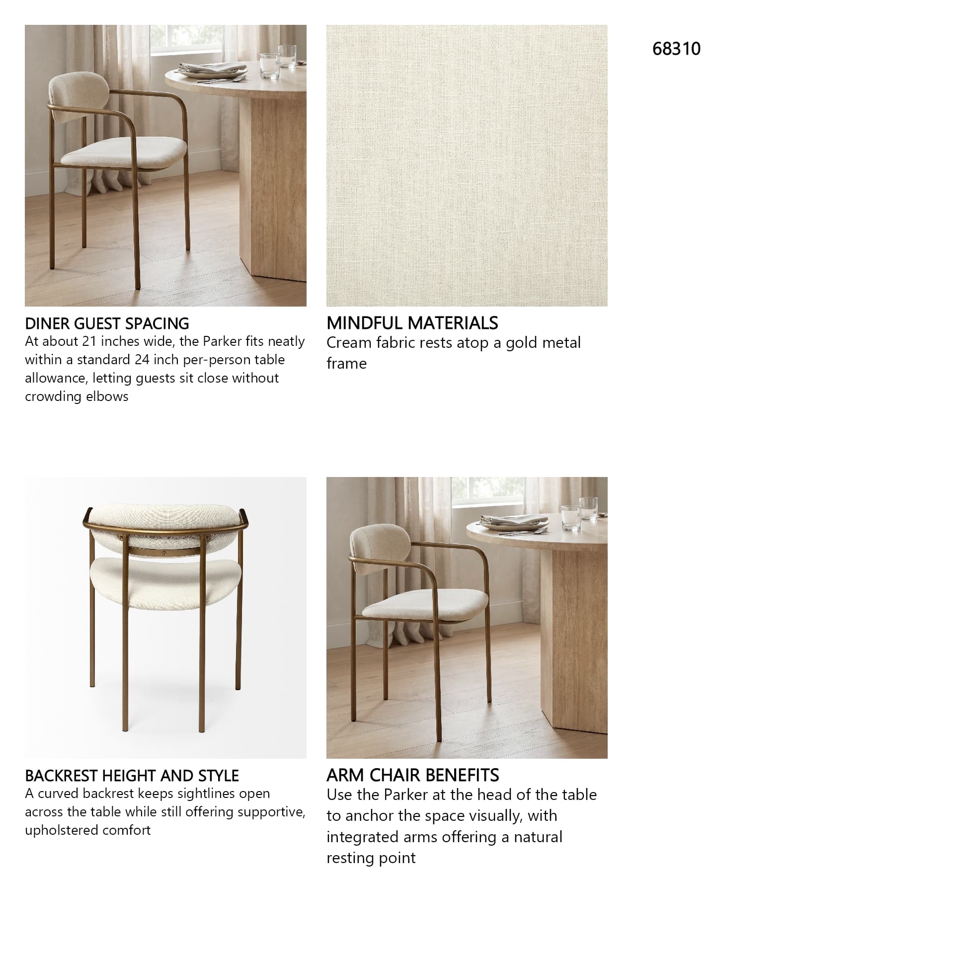 Parker Curved Back Dining Arm Chair | Cream Fabric w/ Gold Metal — in a styled room