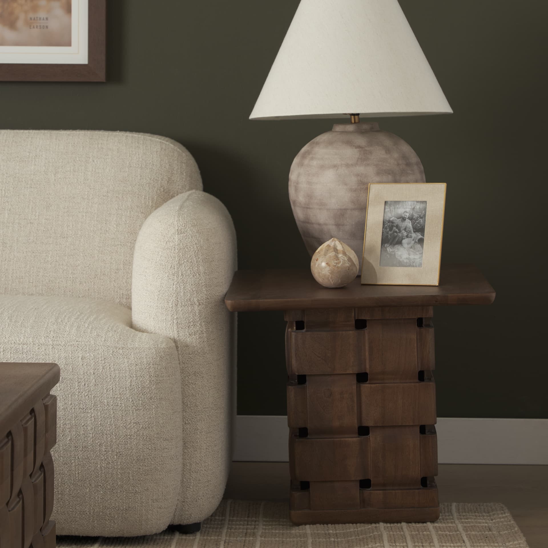Trellyn Dark Brown Wood w/ Carved Woven Base Square Accent Table — product photograph