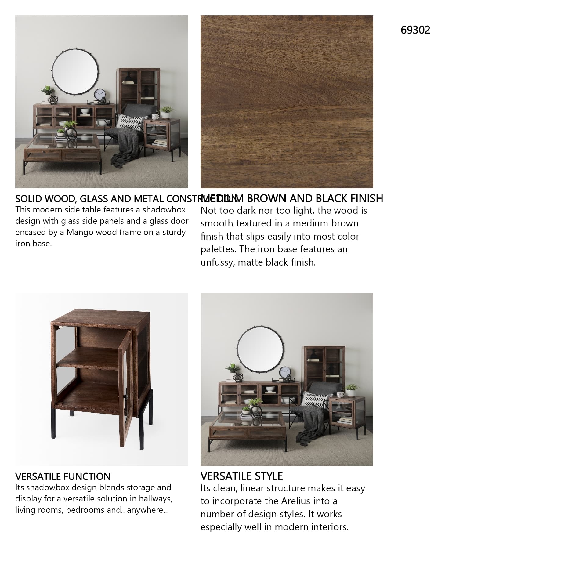 Arelius 20L x 18W x 26H Medium Brown Wood W/ Black Metal Frame End/Side Table — in a styled room