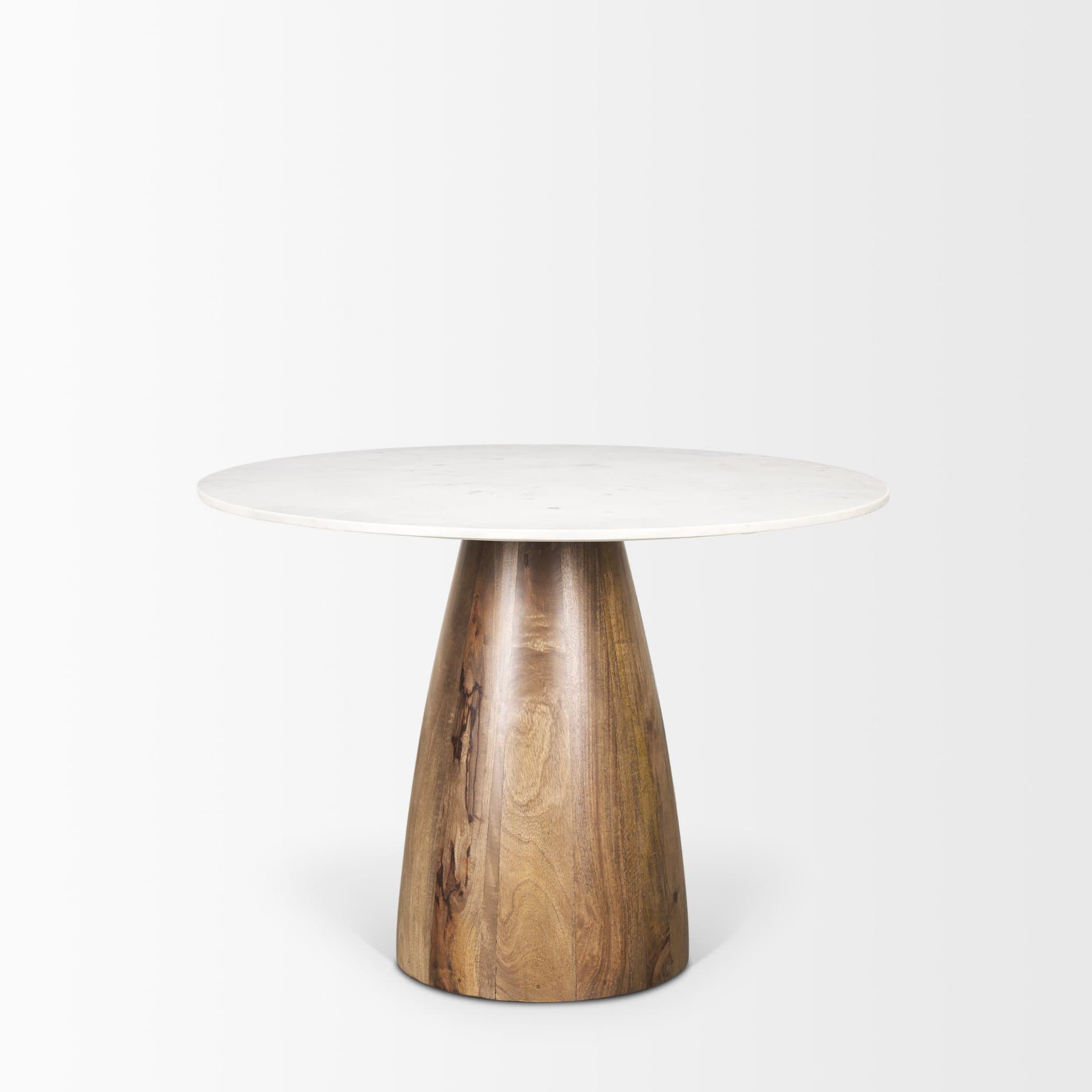 Allyson 42" Round Pedestal Dining Table | Banswara White Marble & Brown Wood | Seats 4 — product photograph