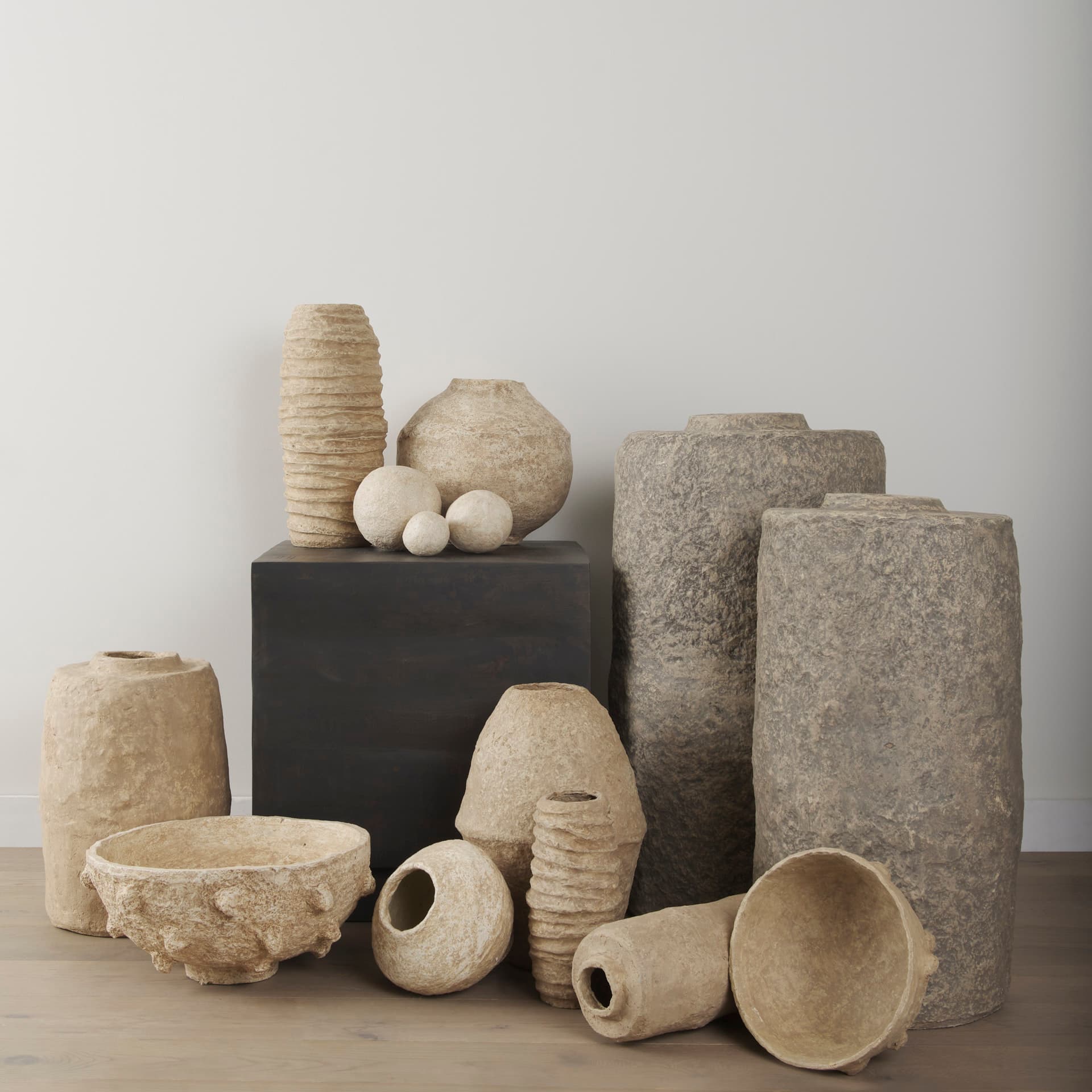 Sunita Set of 3 Beige Paper Mache Orbs — product photograph