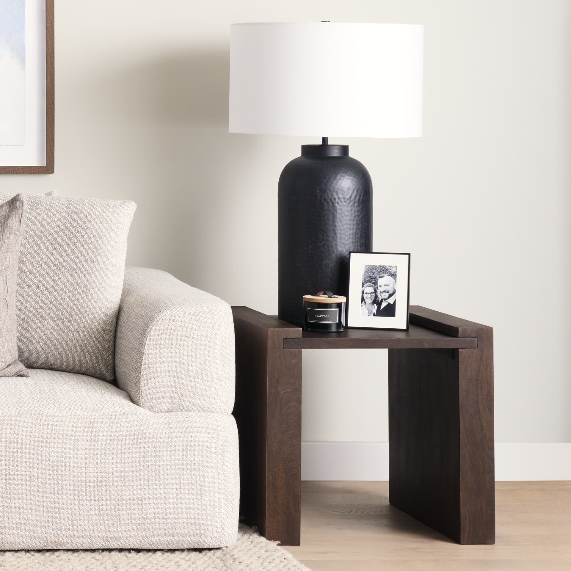 Athelia Dark Brown Wood Accent Table — in a styled room