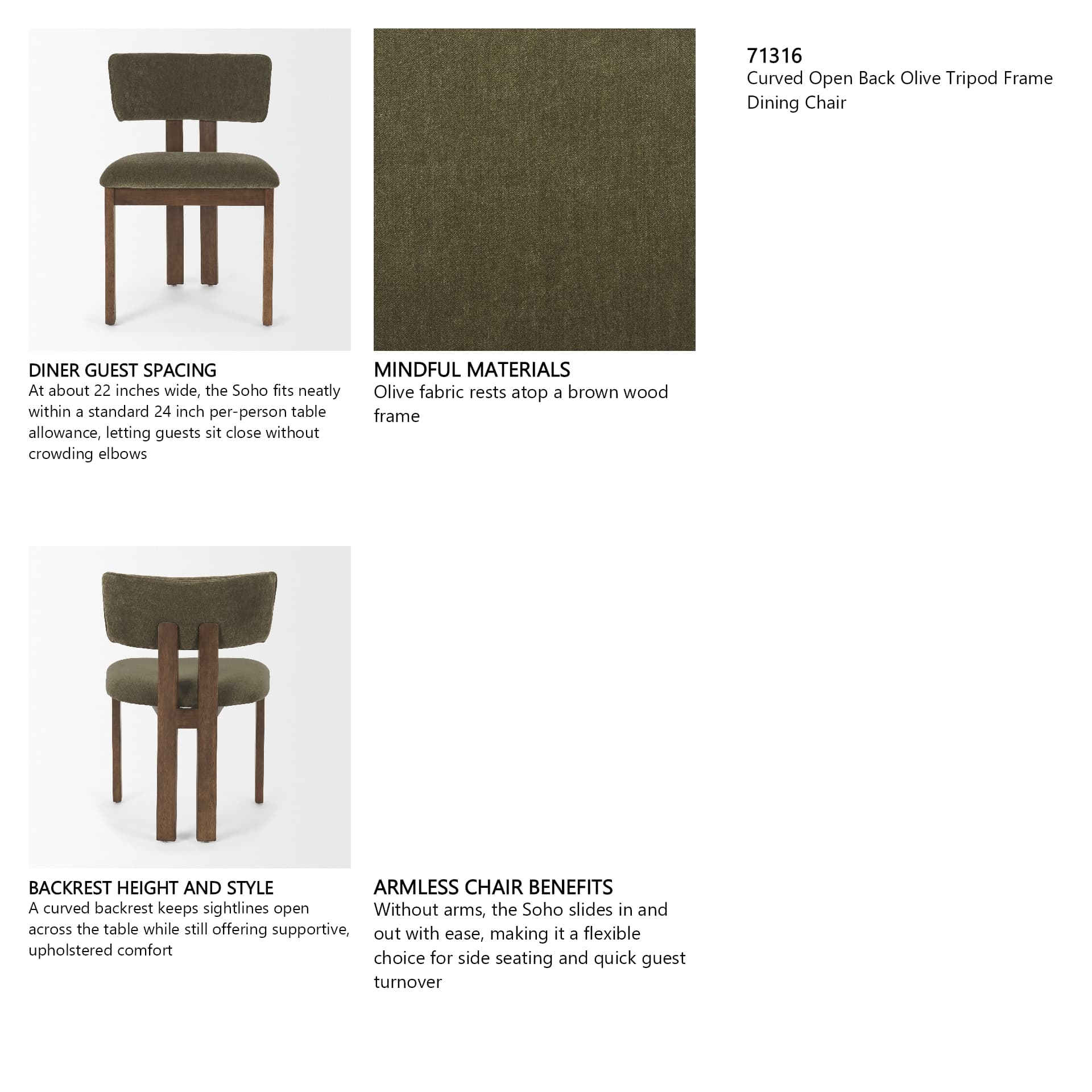 Soho Open Back Dining Side Chair | Olive Fabric w/ Brown Wood — in a styled room