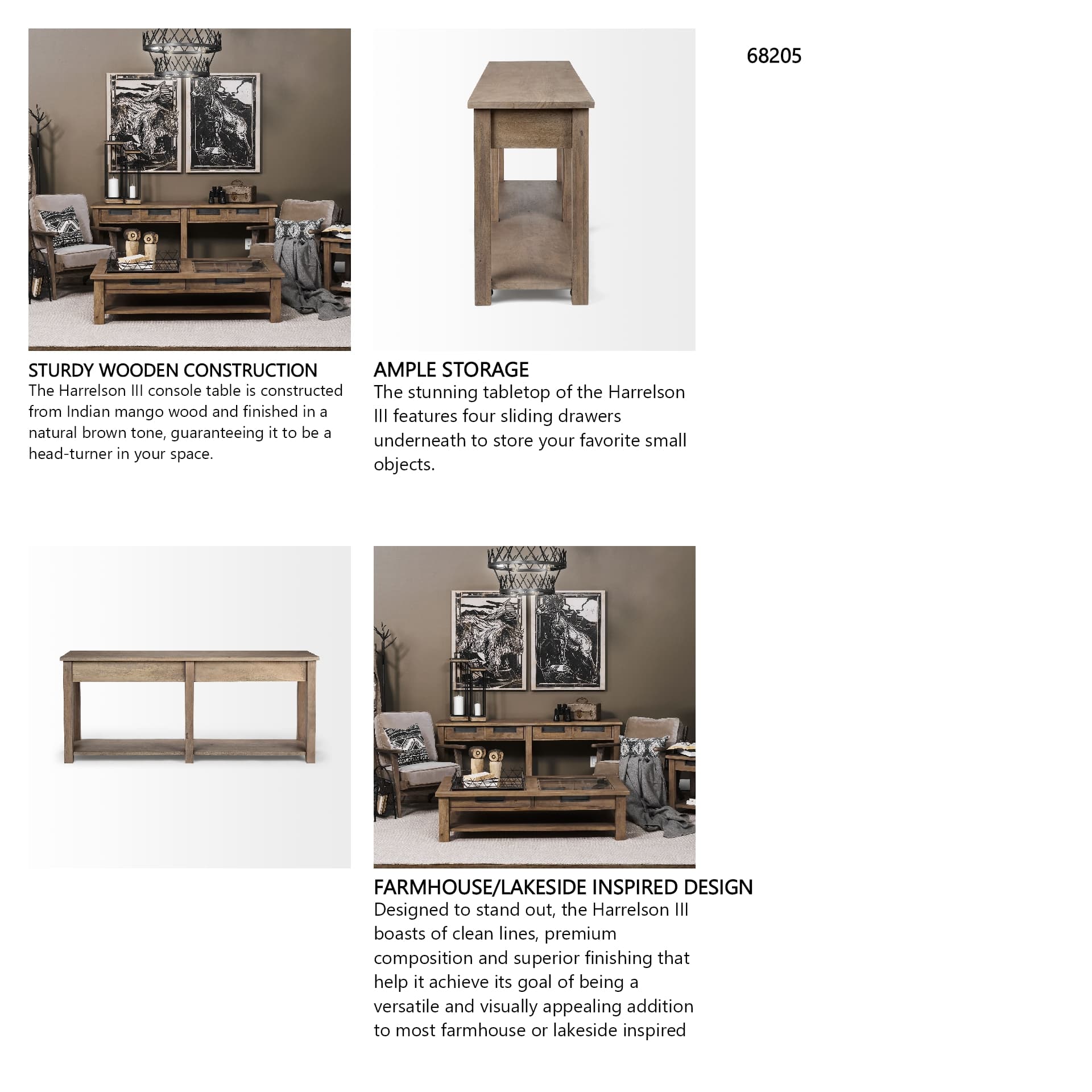 Harrelson III 72L x 18W Brown Wood 4 Drawer Console Table — in a styled room
