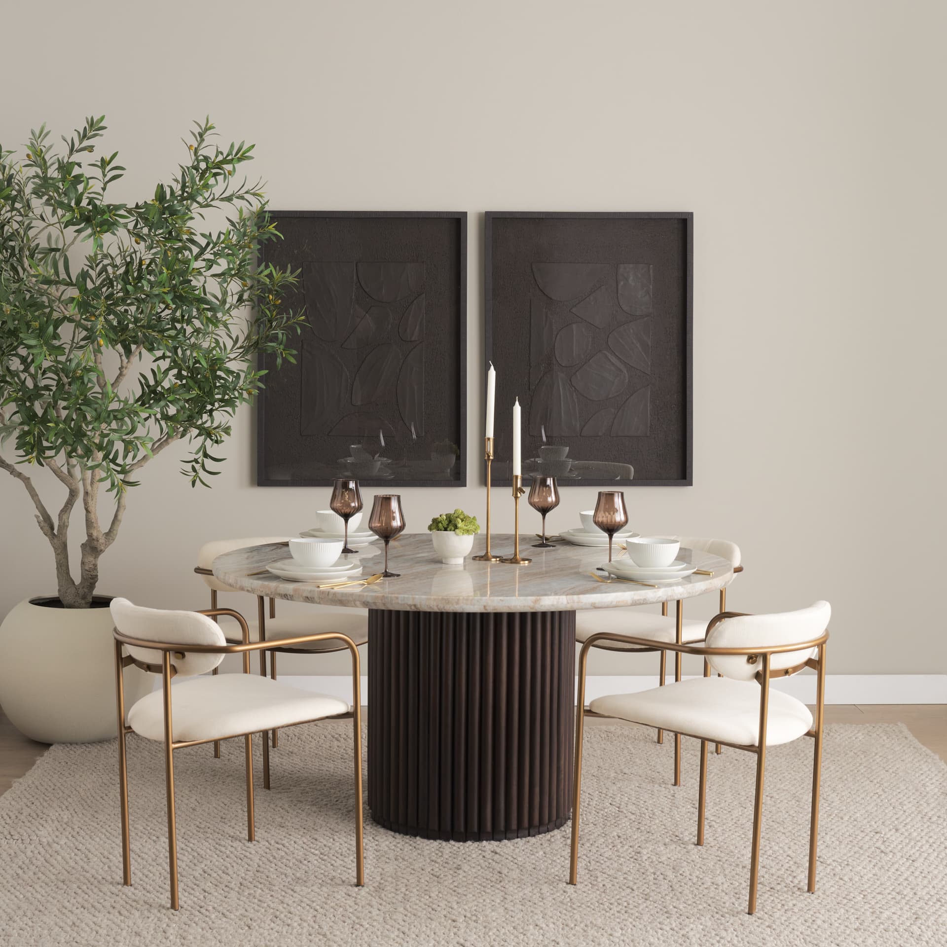 Parker Curved Back Dining Arm Chair | Cream Fabric w/ Gold Metal — product photograph