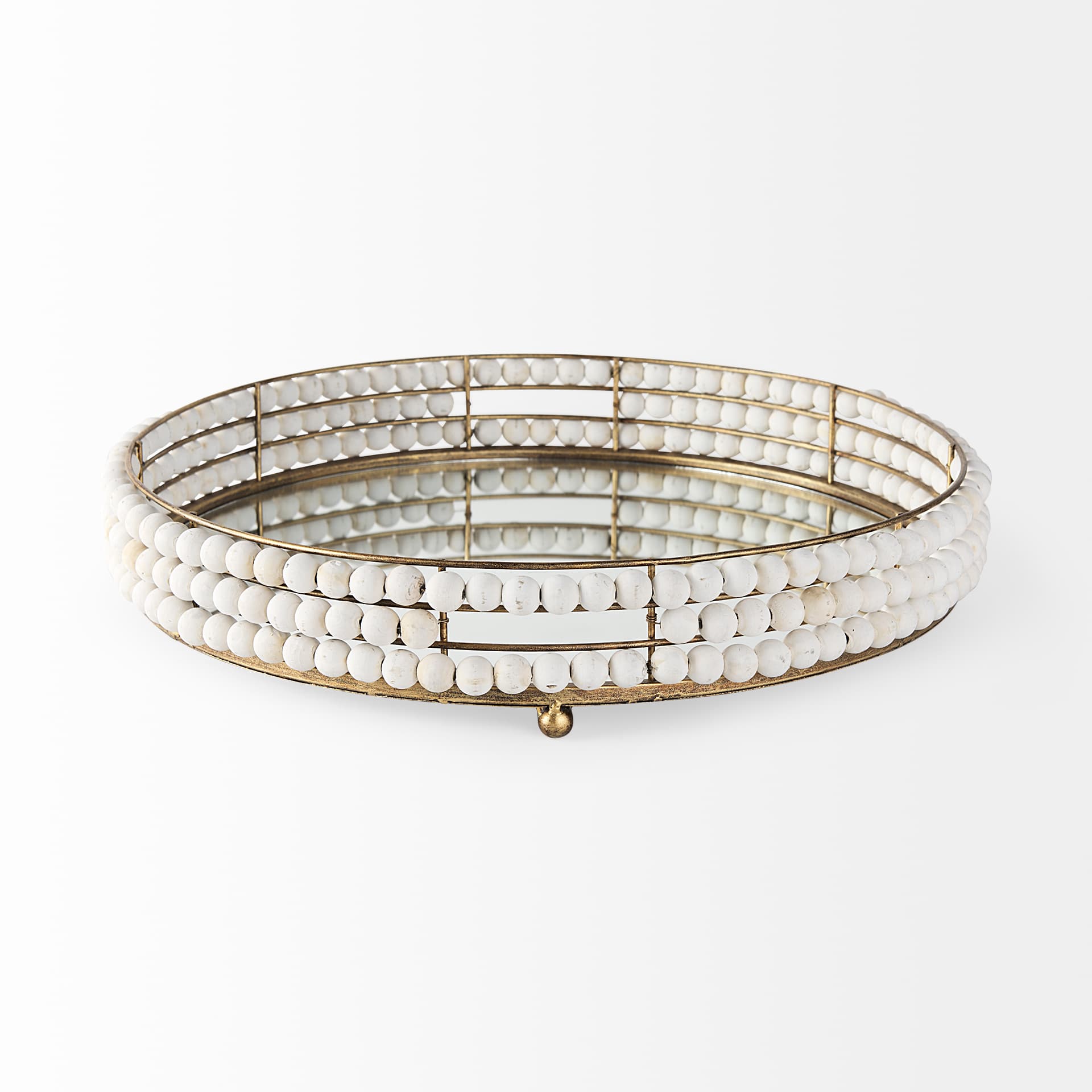 Decatur I 21L x 21W White Wooden Bead Mirrored Bottom Round Tray — product photograph