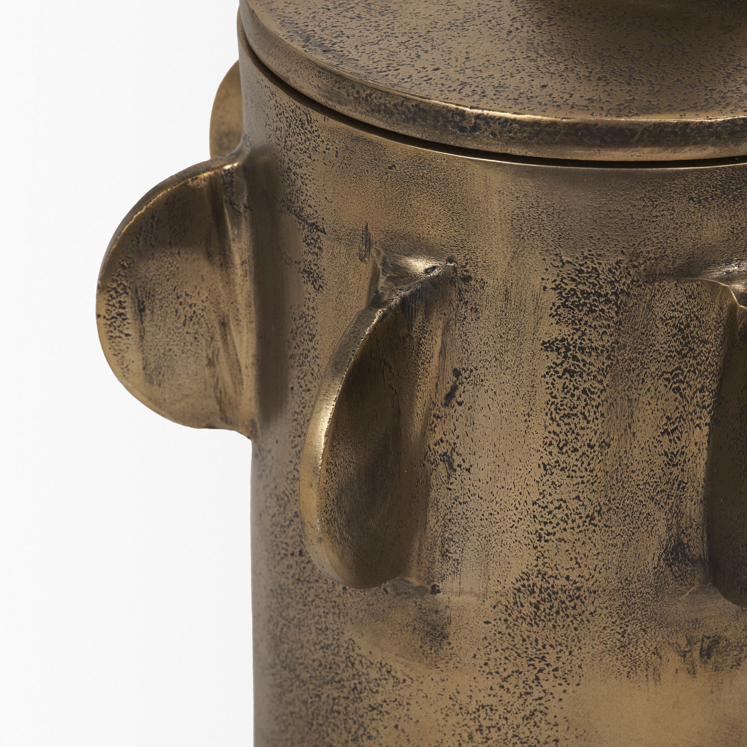 Deacon Large Antiqued Gold Metal Canister with Sculptural Handles — product photograph