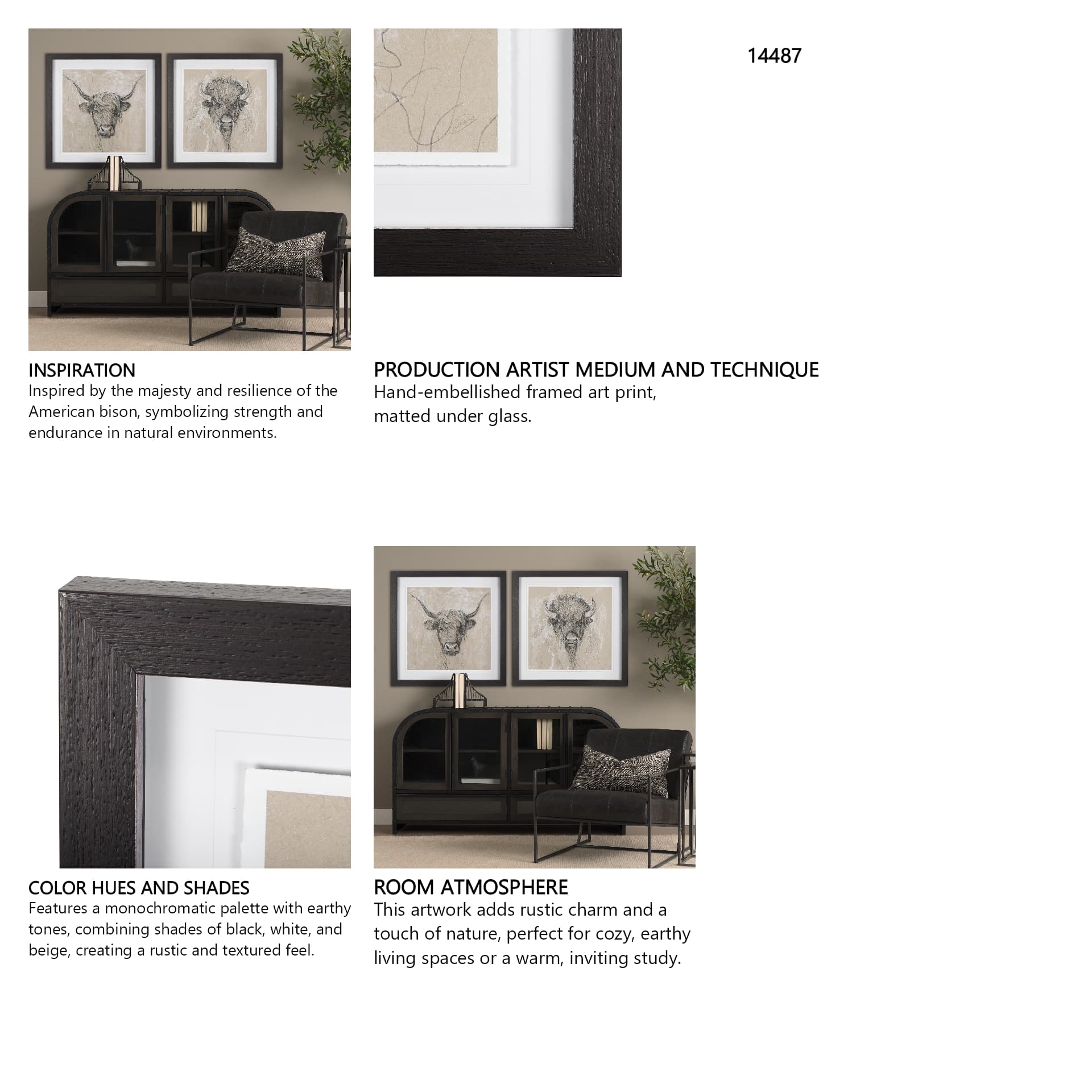 Sketch of Animal IX (Bison) by Mercana Studio Hand Embellished Framed Art Print Matted under Glass — in a styled room