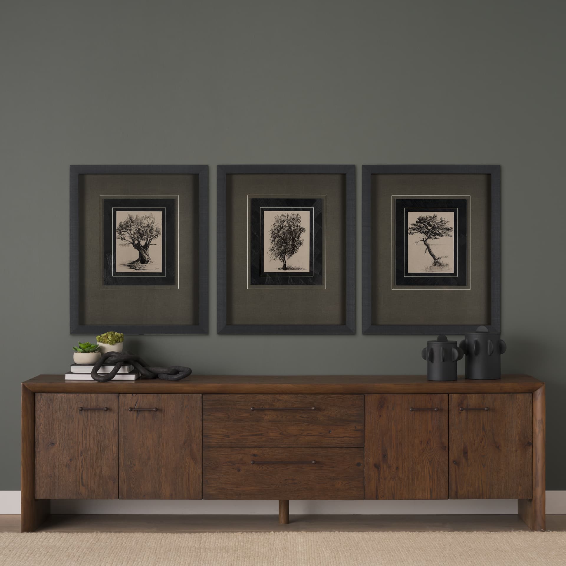 Tree Drawing III by Mercana Studio a Hand Embellished Textured Framed Art Print Matted under Glass — in a styled room