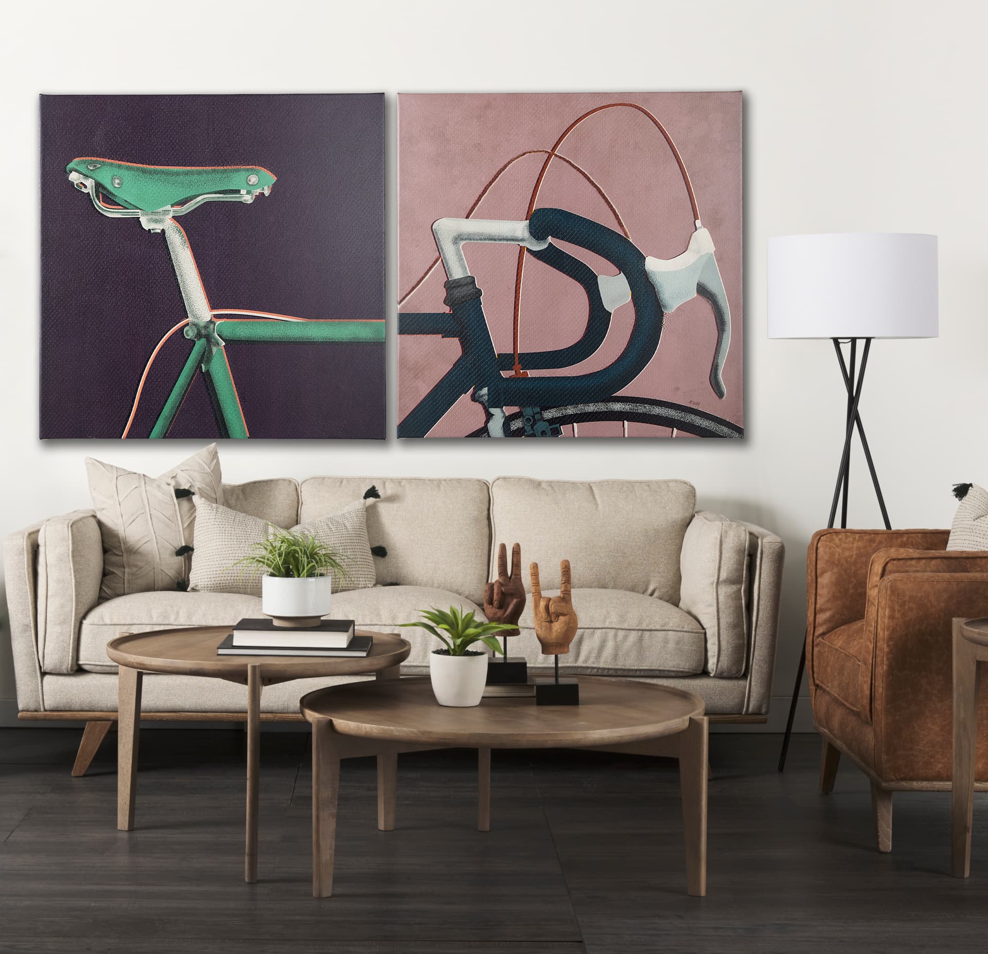 Bike Handle Pink by Alarm a Hand Embellished Textured Canvas — in a styled room