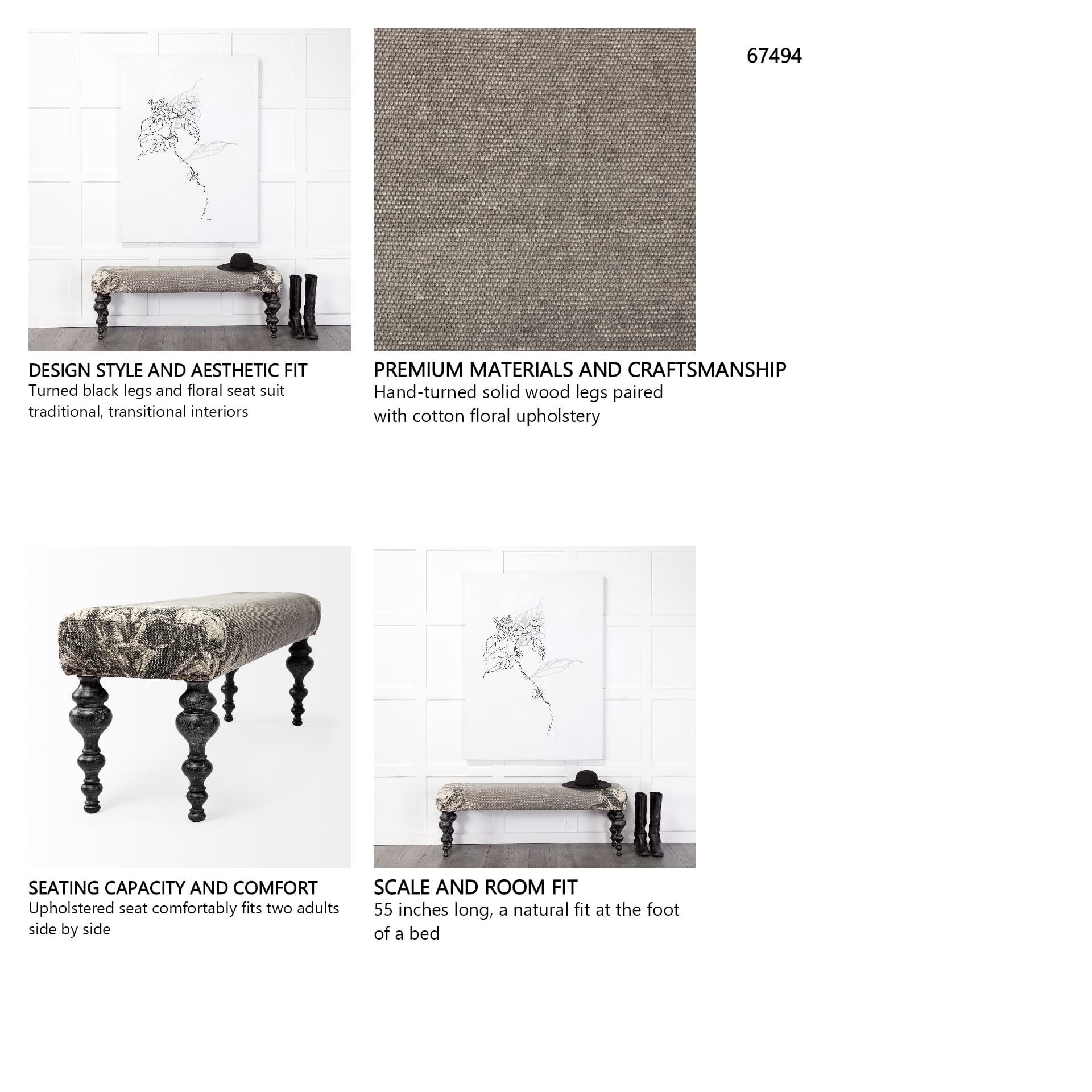 Alhambra 55L x 14W Upholstered Gray Seat W/Black Wood Legs Accent Bench — in a styled room