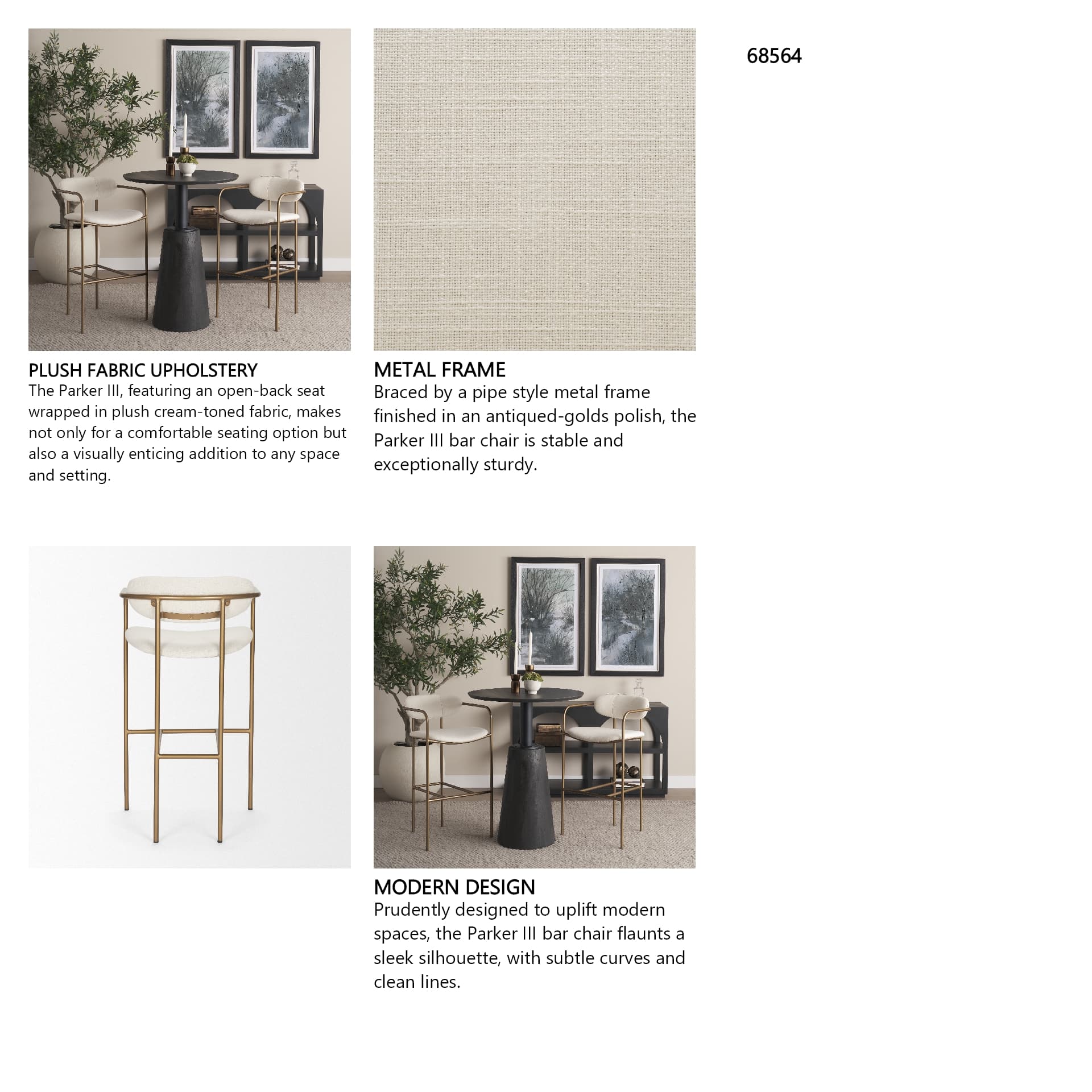 Parker Low Back 30.25in Seat Bar Stool | Cream Fabric w/ Gold Metal — product photograph