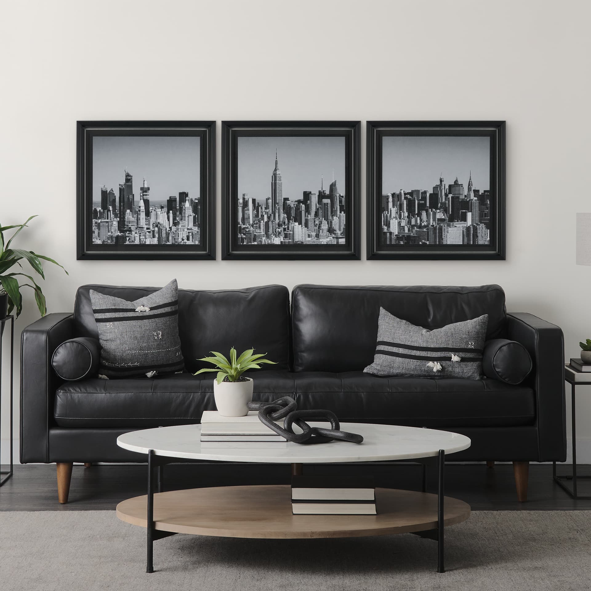 Midtown Manhattan Skyline (Set of 3) by Richard Silver Textured Framed Art Print Matted under Glass — in a styled room