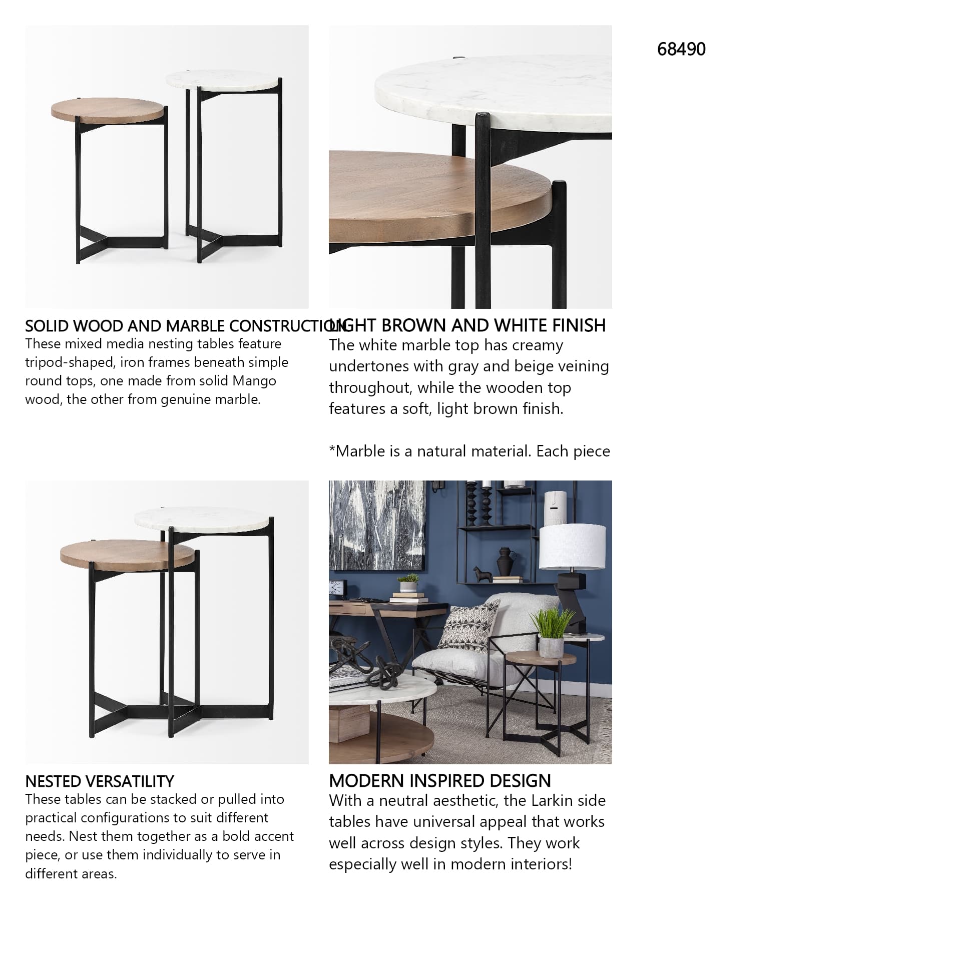 Larkin II Marble and Medium Brown Wood Round Tabletop Nesting End/Side Tables — in a styled room