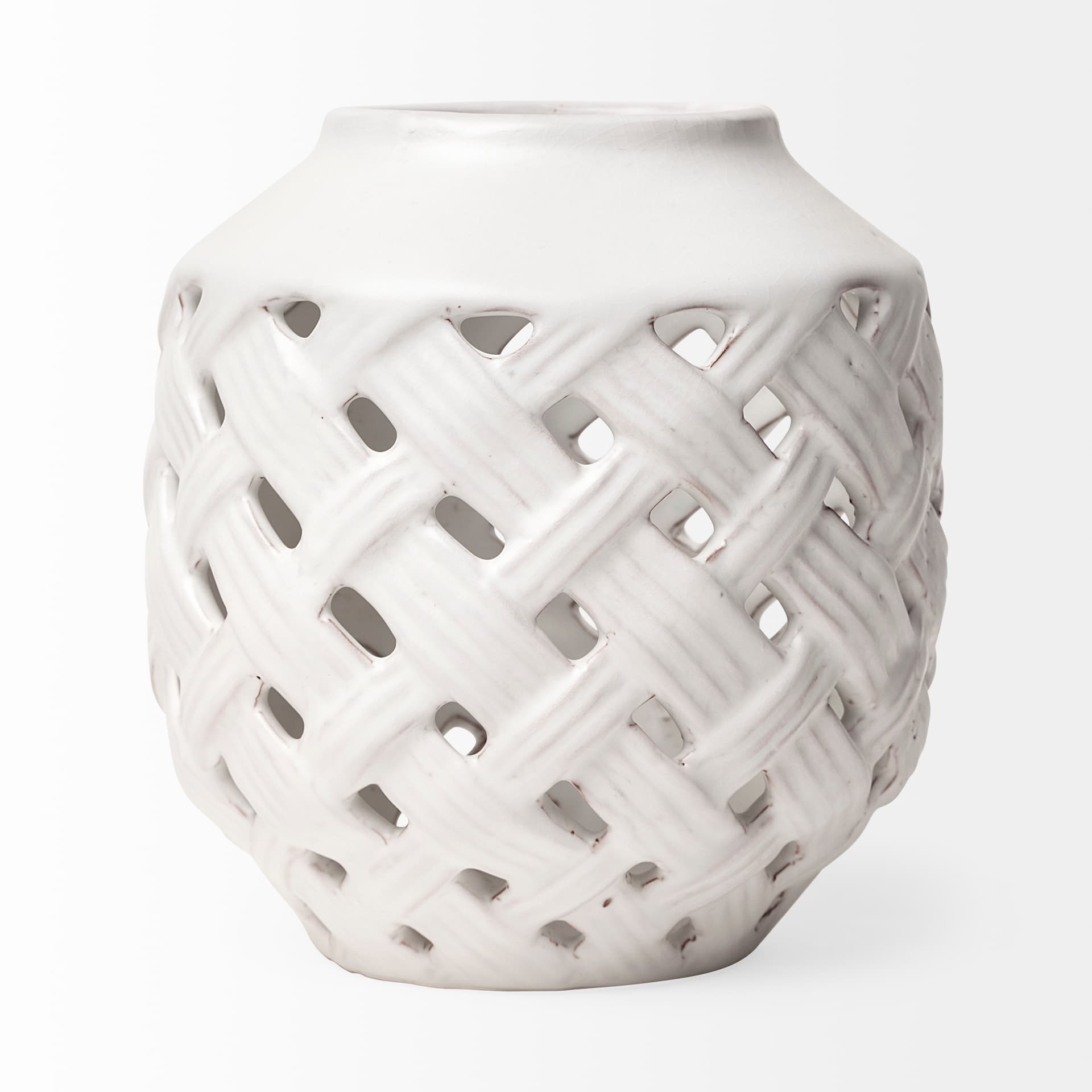 Forillon I Short White Glazed Lattice Pattern Vase — product photograph