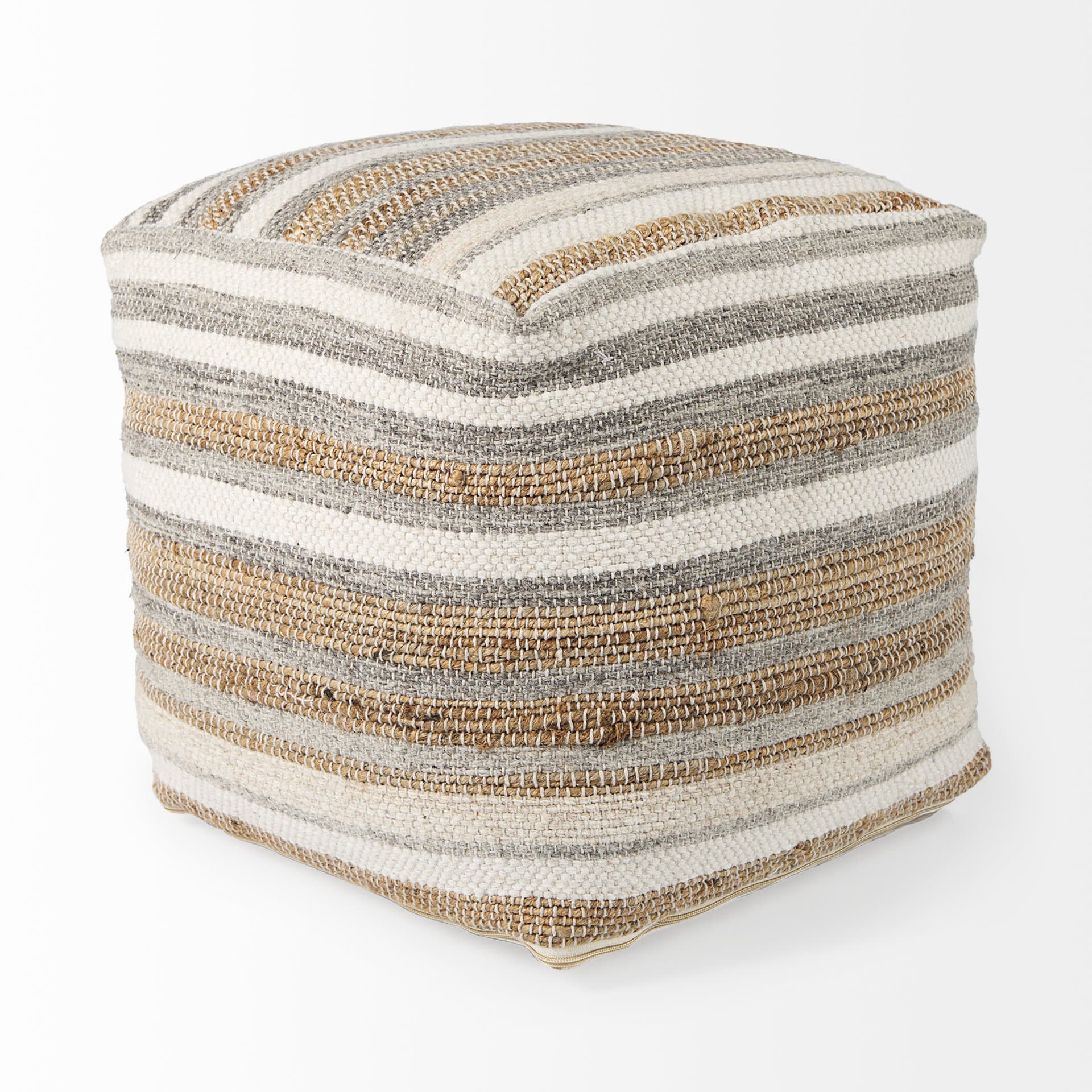 Aahana 16.0L x 16.0W x 16.0H White/Taupe/Gray Striped Hemp and Cotton Pouf — product photograph