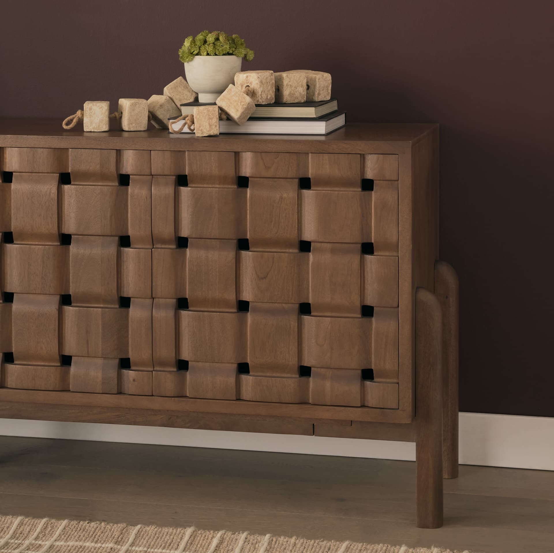 Trellyn Dark Brown Solid Wood 4-Door w/ Carved Woven Doors Closed Sideboard — product photograph