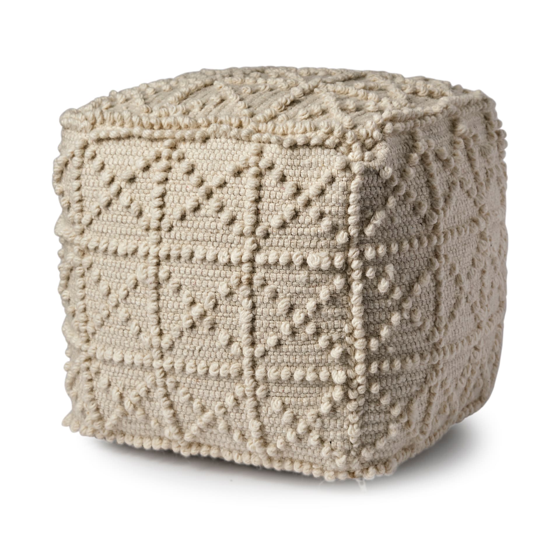 Leroy Square Cream Wool Pouf w/ Popcorn Detail — product photograph