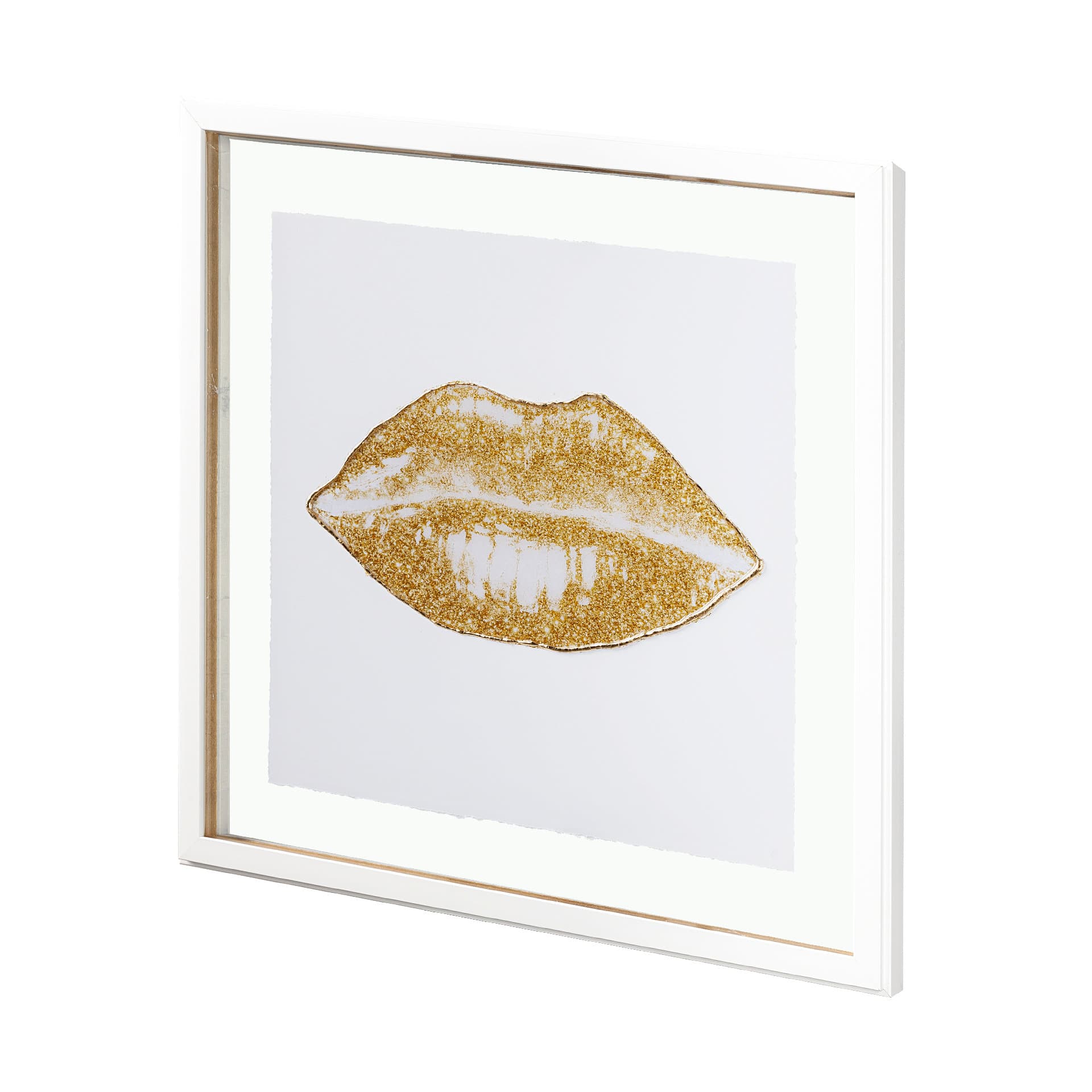 Glitter Lips II Gold by Victoria Barnes Hand Embellished Textured Framed Art Print Matted under Glas — product photograph