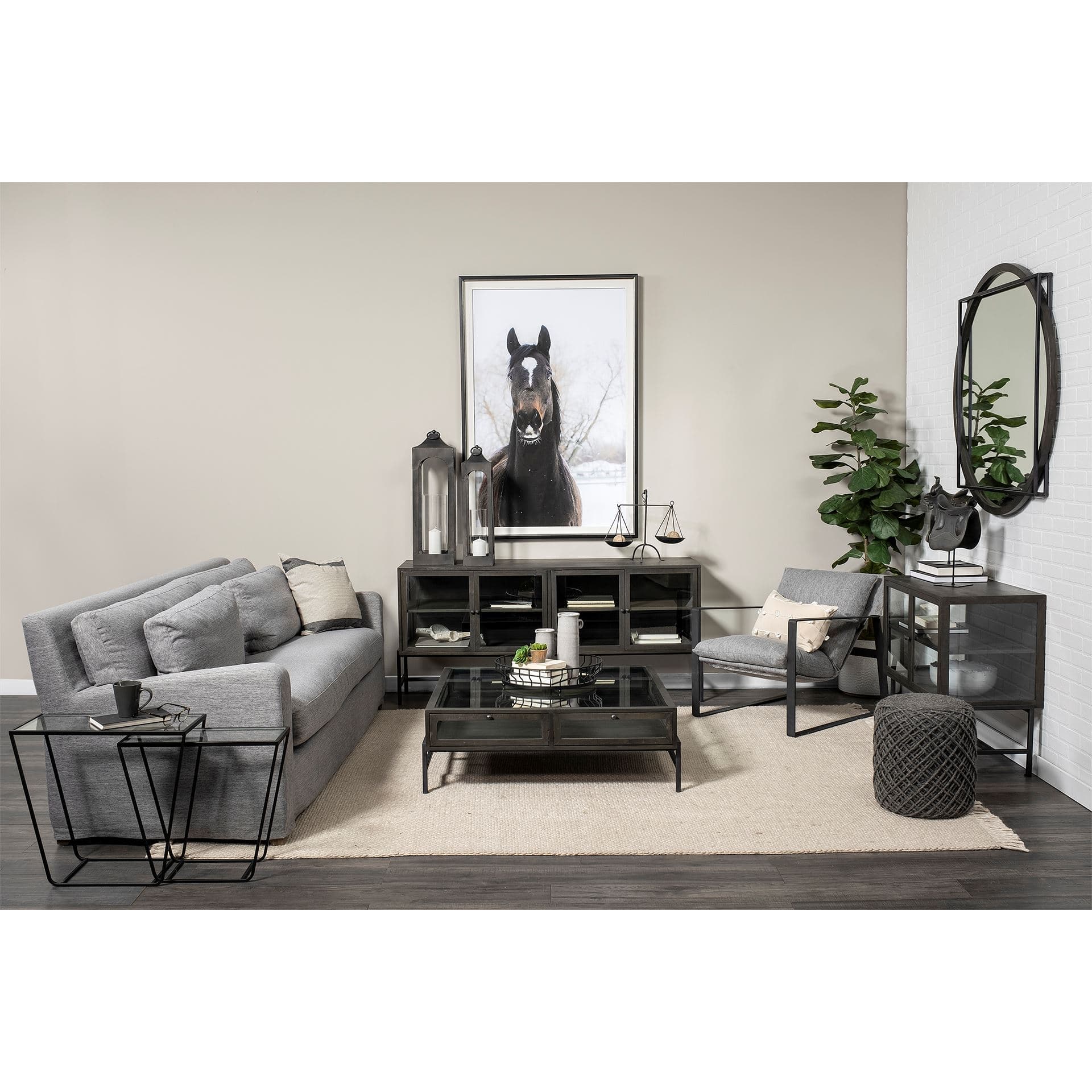 Arelius 36L x 18W Black-Brown Wood, Black Metal Base w/ 2 Glass Doors Accent Cabinet — in a styled room