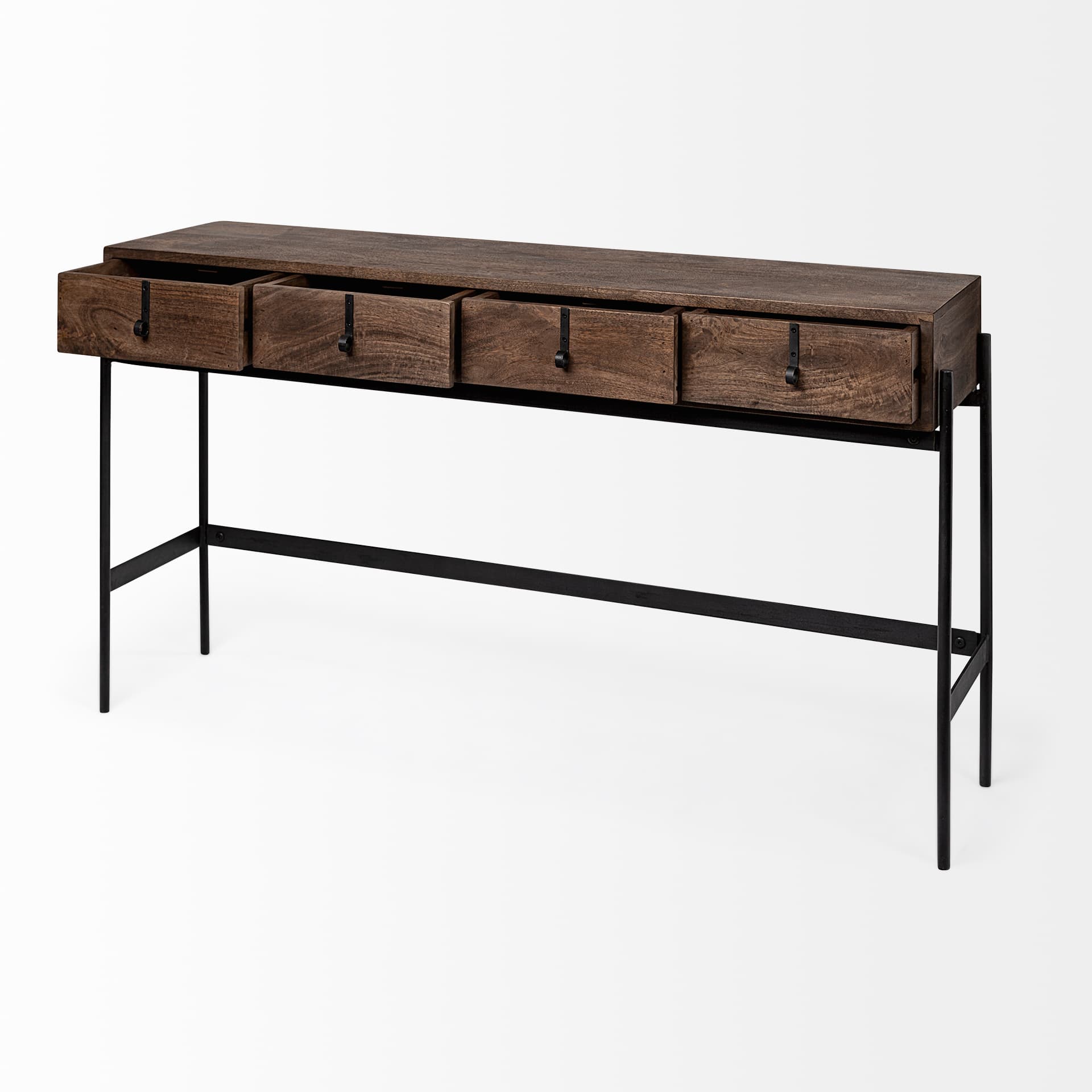 Glenn III 56L x 14W Dark Brown Wood w/ Black Iron Frame, 4 Drawer Console Table — product photograph