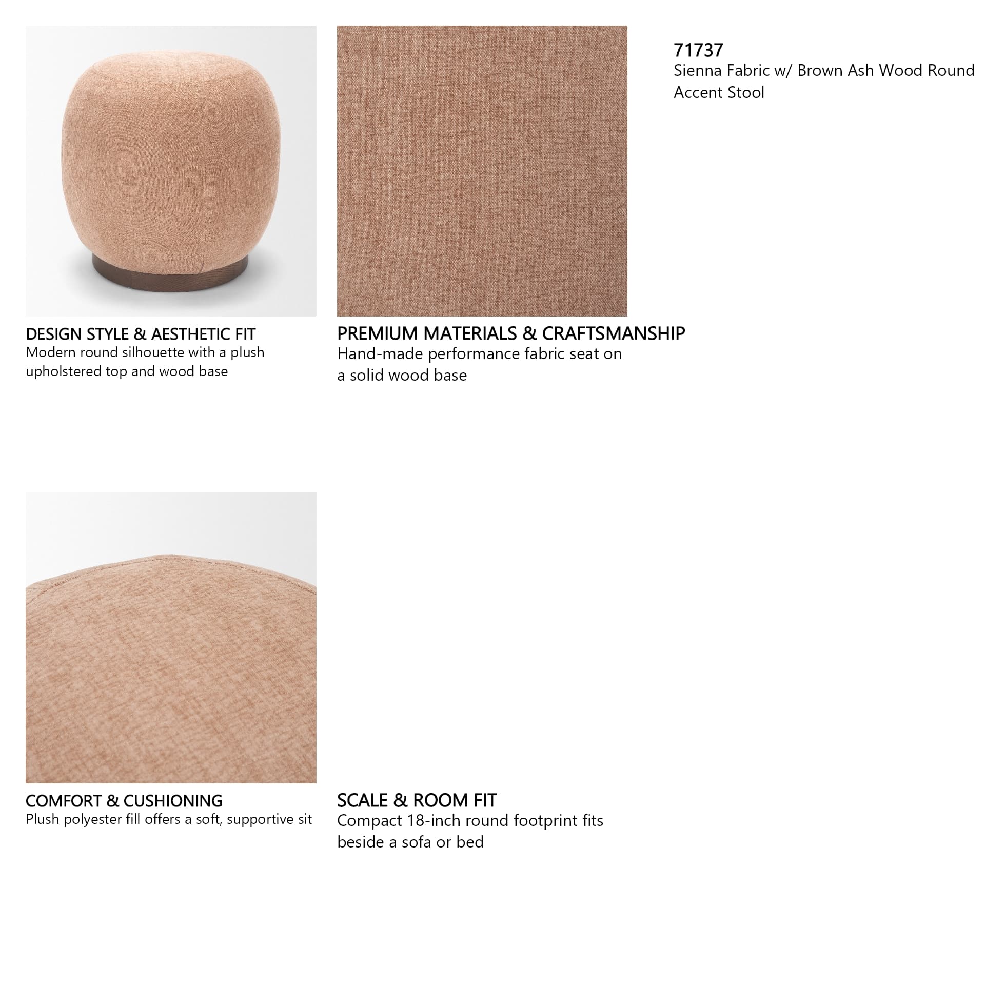 Siren Sienna Fabric w/ Brown Ash Wood Round Accent Stool — in a styled room