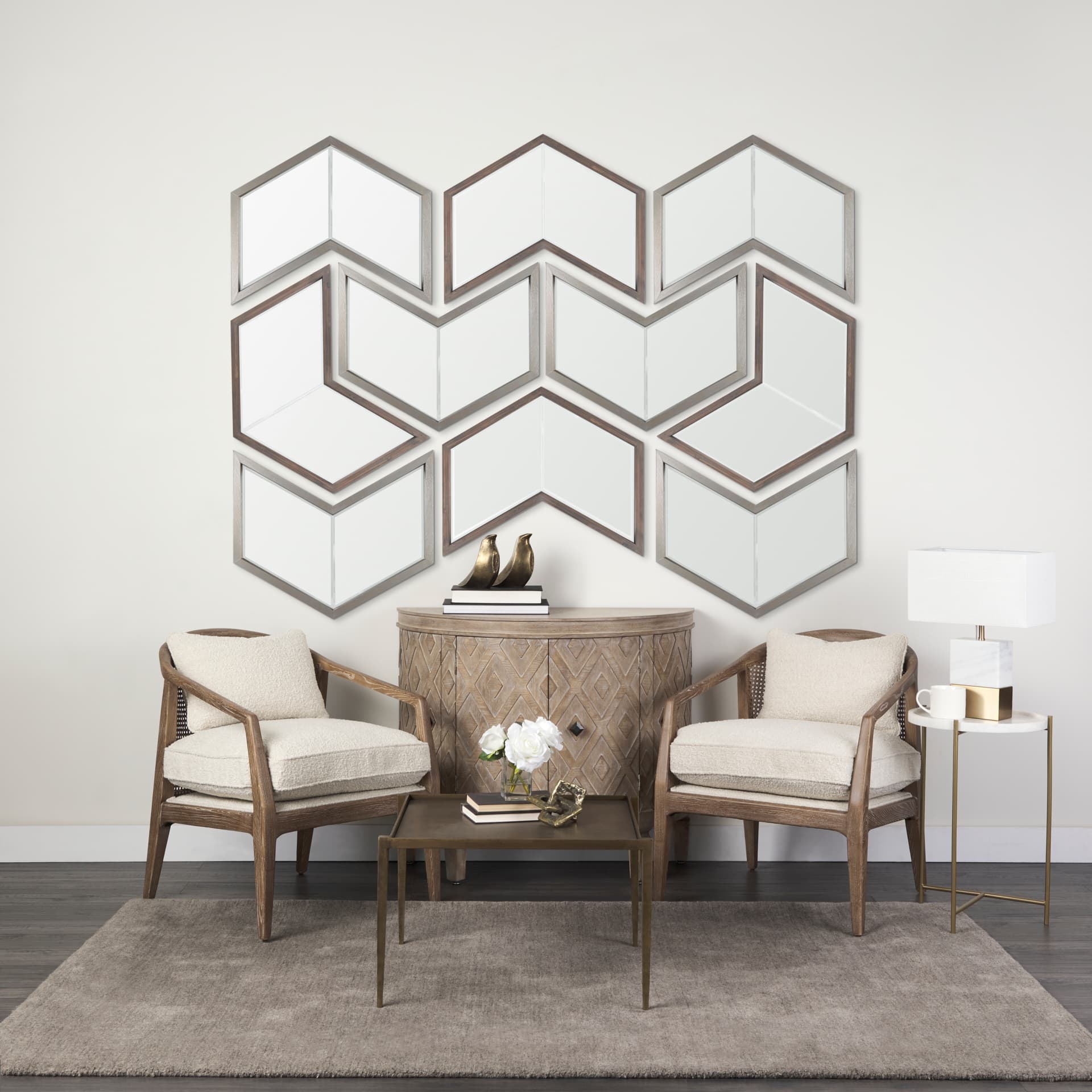 Chevren 26 x 22 Silver Wood Frame Mirror — in a styled room
