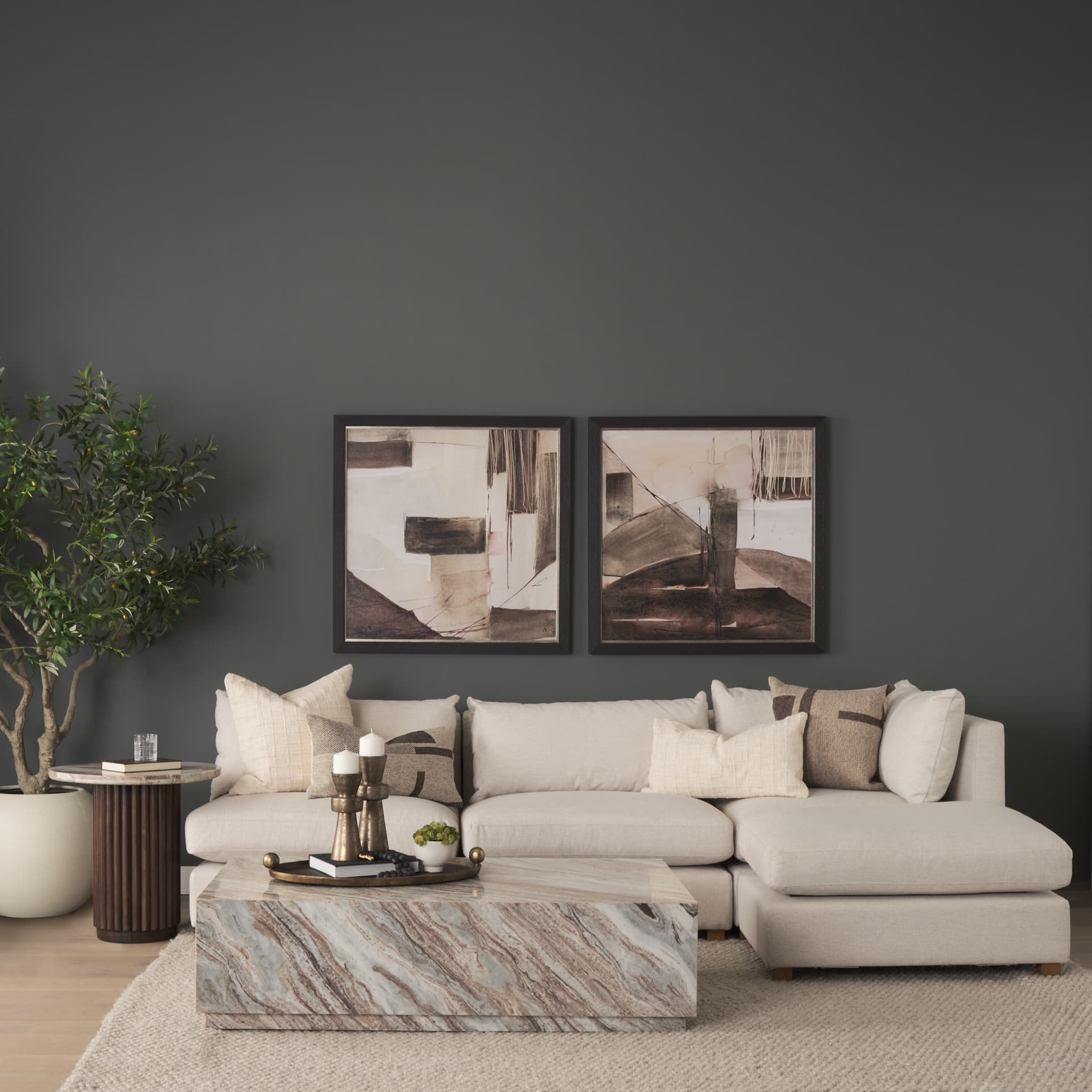 Marbrello Pink Marble Top Espresso Brown Fluted Wood Round Side Table — product photograph
