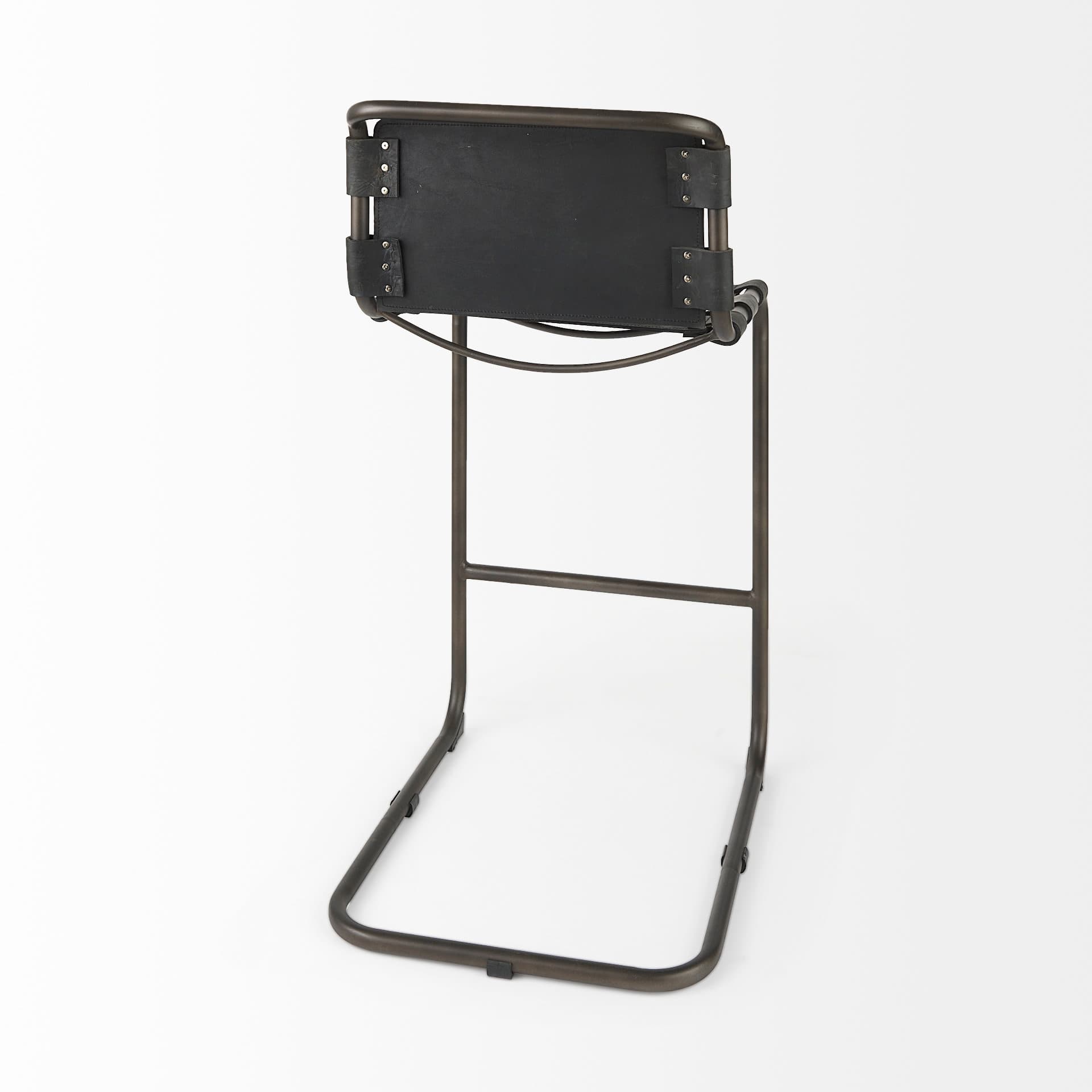 Berbick Low Back 26in Seat Counter Stool | Black Leather w/ Gray Metal — product photograph