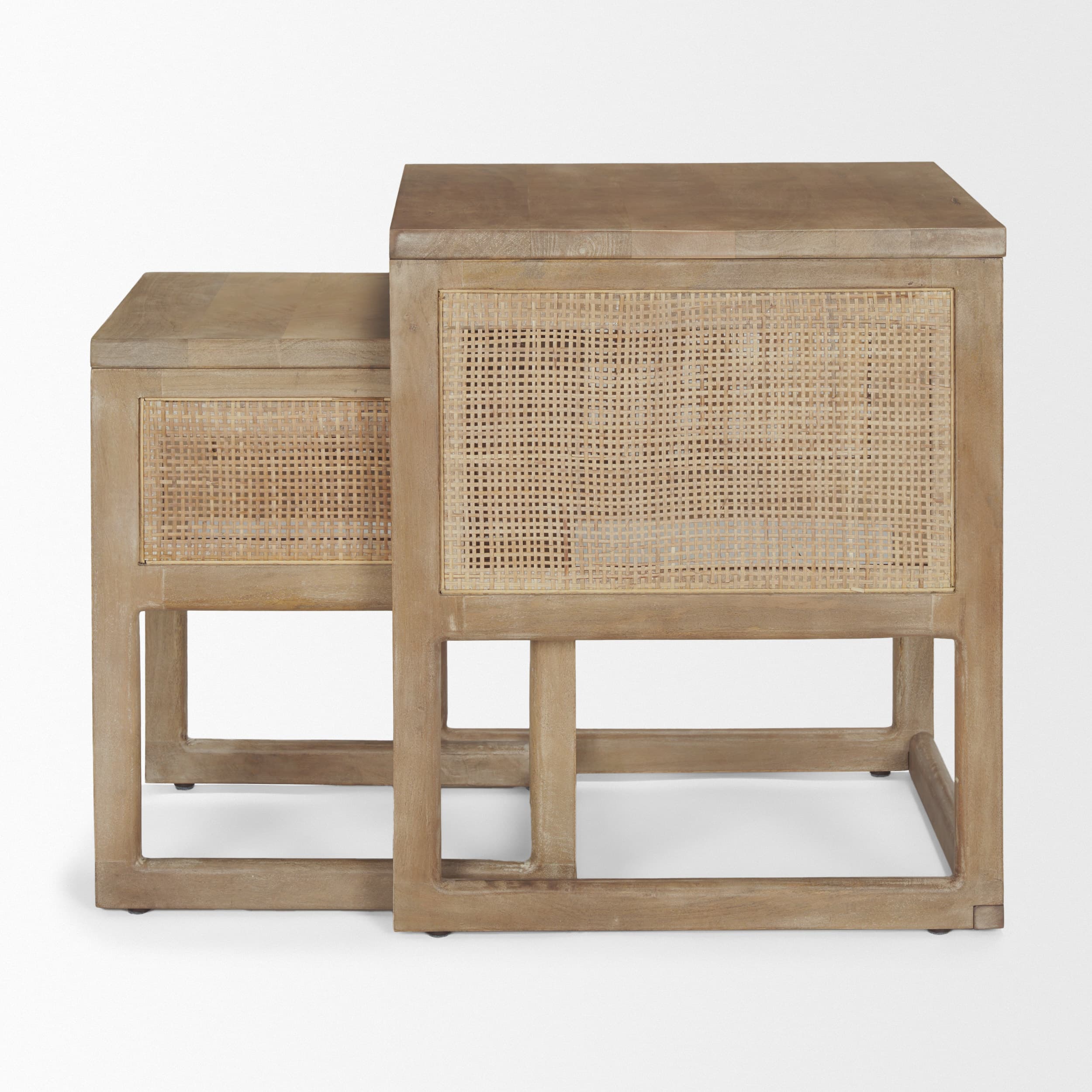 Grier Set of 2 Light Brown Solid Wood w/ Cane Nesting Accent Tables — product photograph