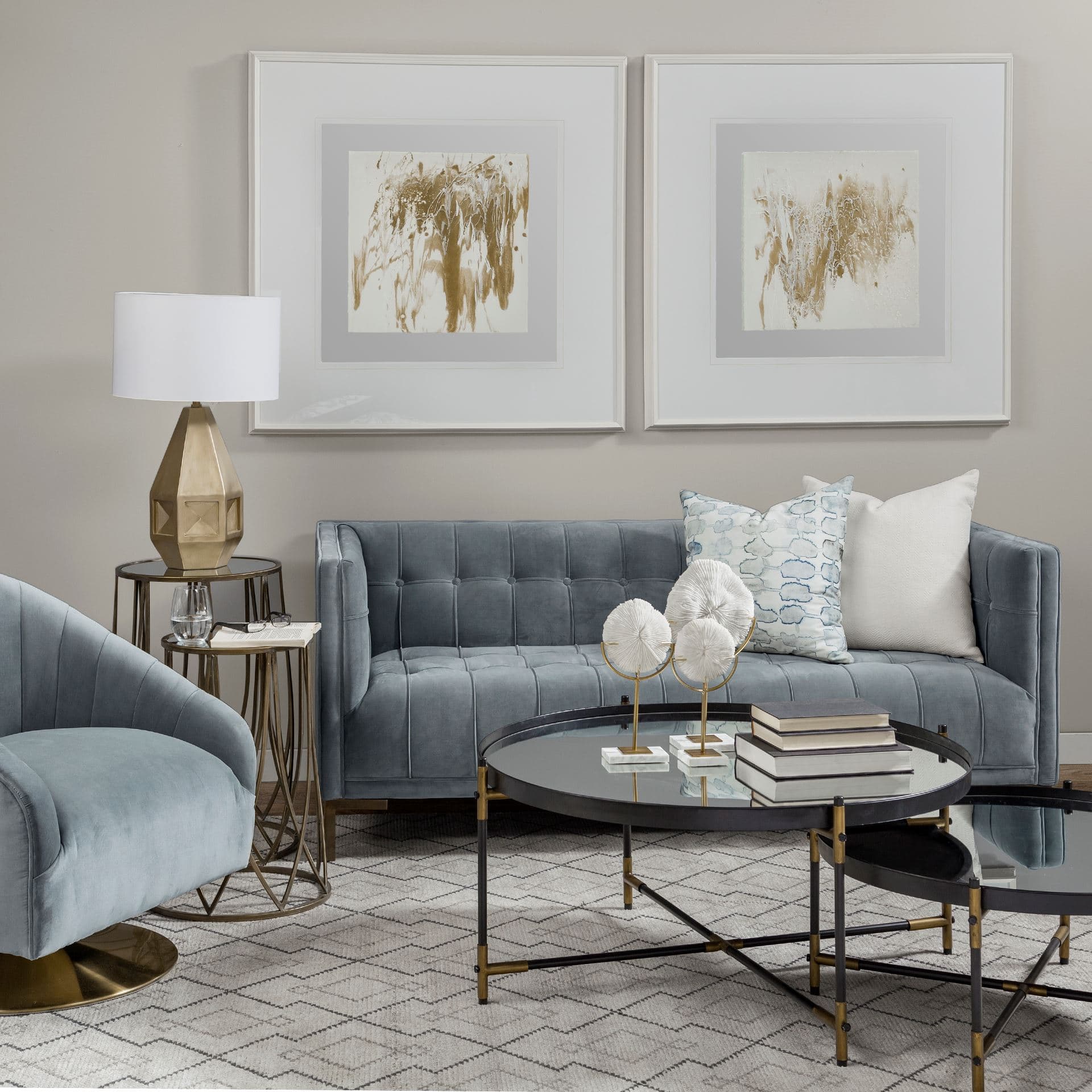 James II Gray Blue Velvet Covered Seat w Gold Swivel Base Accent Chair — in a styled room