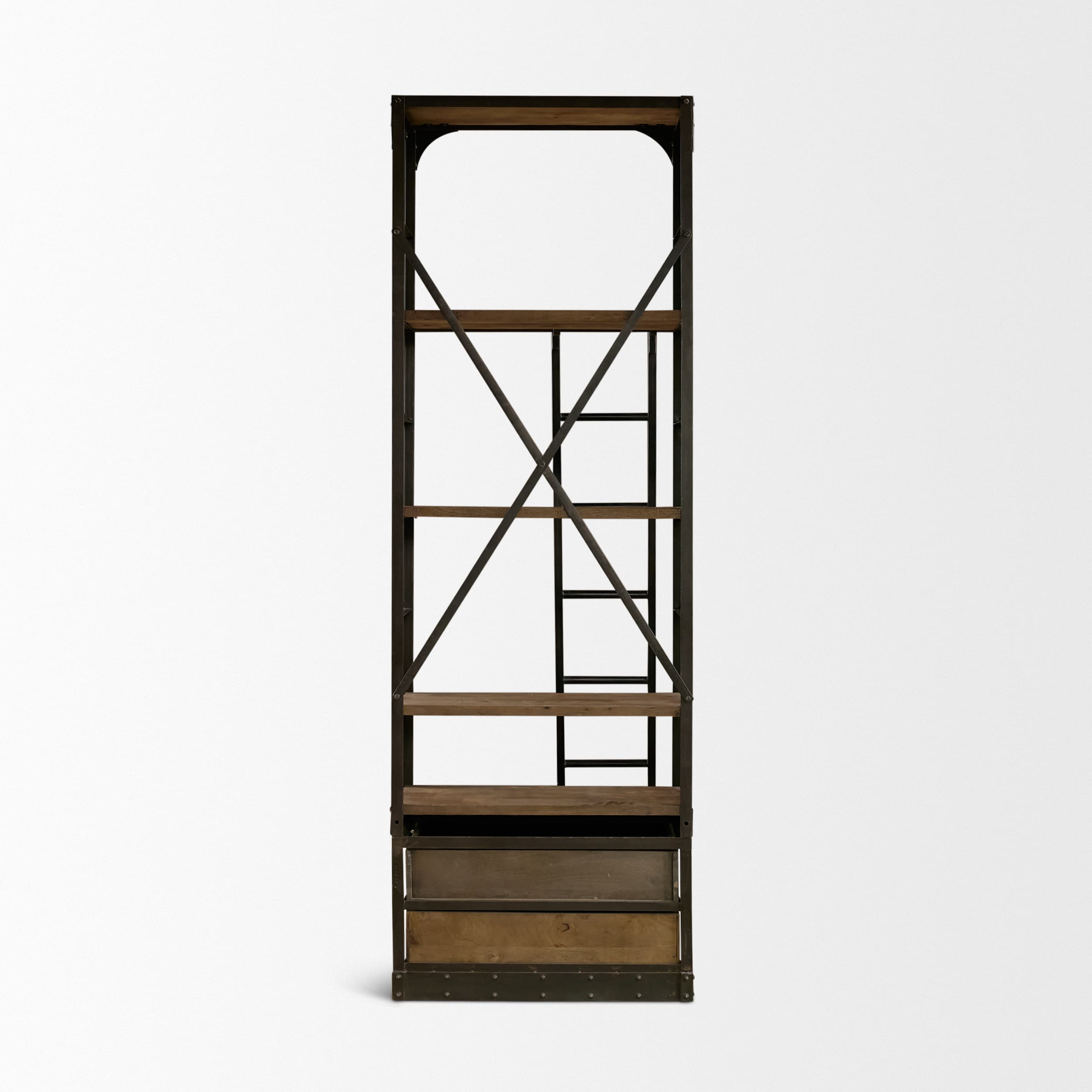 Brodie VII 32L x 22W x 94H Brown Wood Gun-Metal Bracing Four Shelf Shelving Unit — product photograph