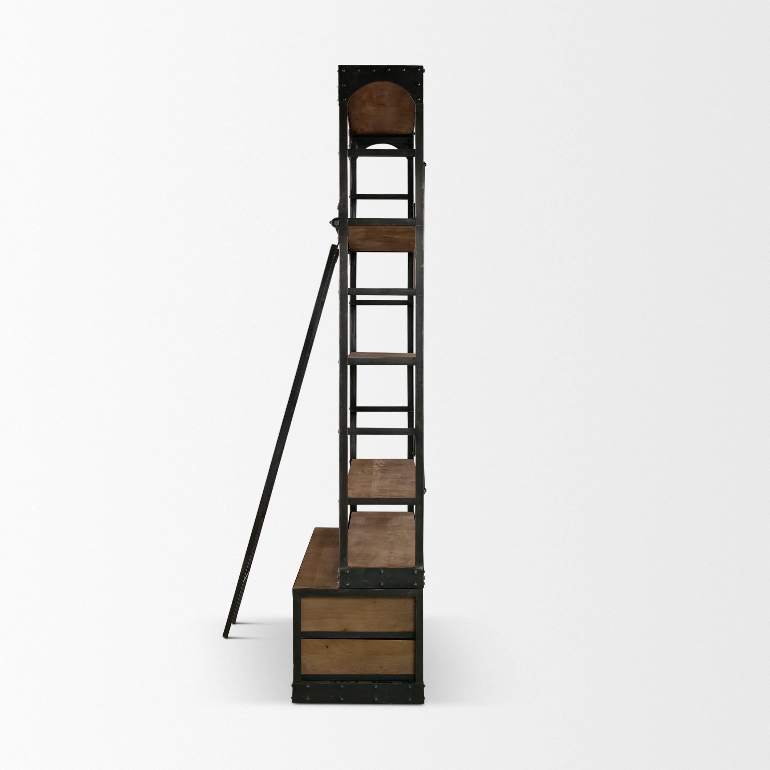 Brodie VIII 57L x 20.5W x 94H Brown Wood Gun-Metal Ladder Four Shelf Shelving Unit — product photograph