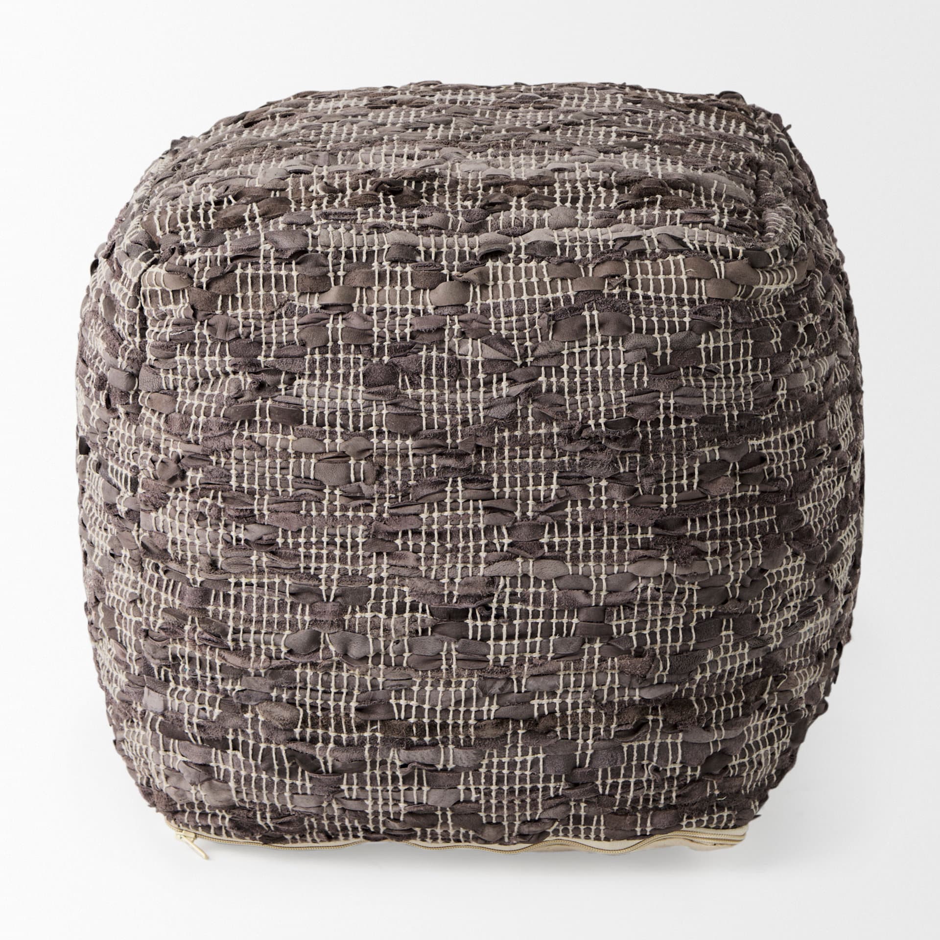 Falguni 16.0L x 16.0W x 16.0H Gray Leather and Cotton Patterned Pouf — product photograph