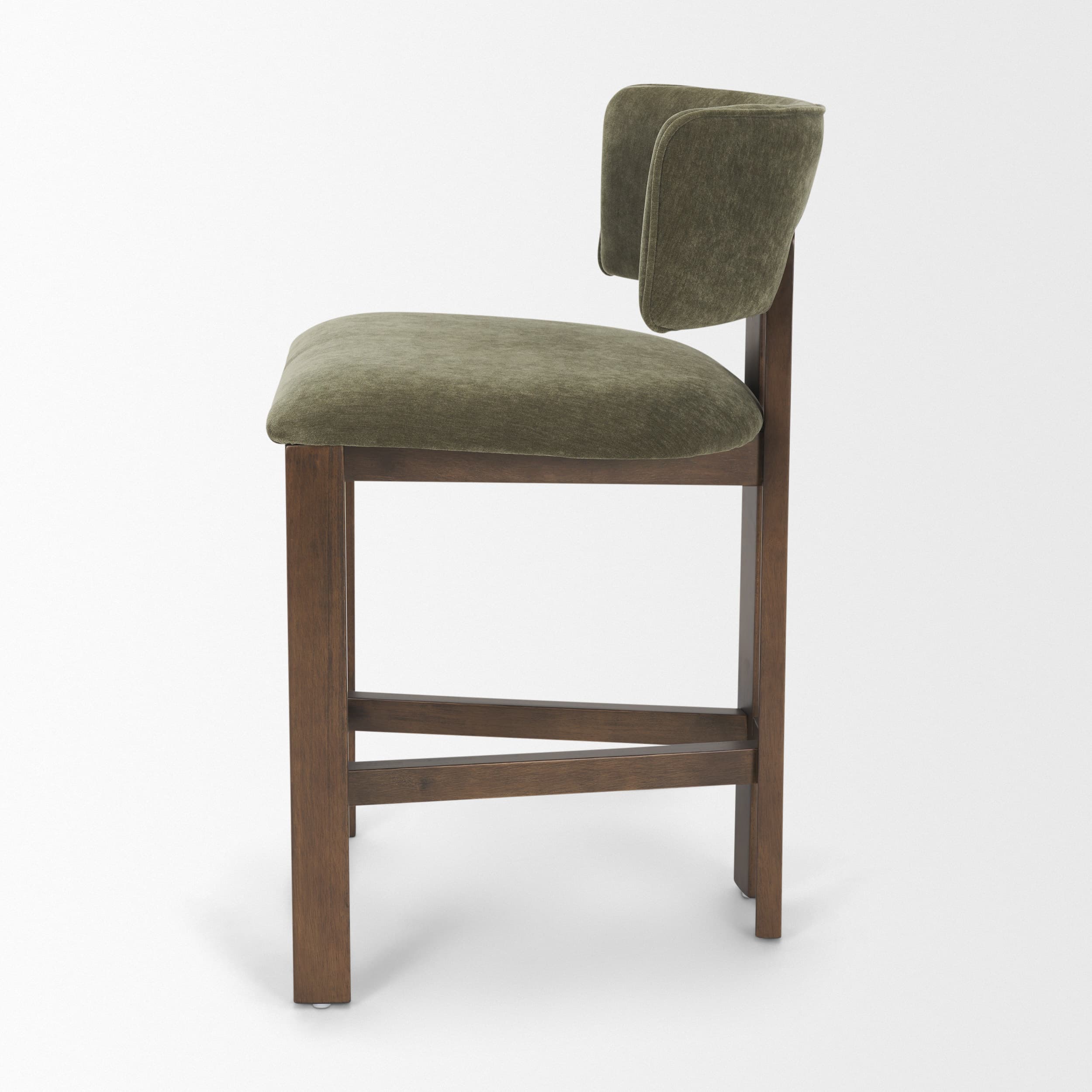 Soho Open Back 35.3in Seat Counter Stool | Olive Fabric w/ Brown Wood — product photograph