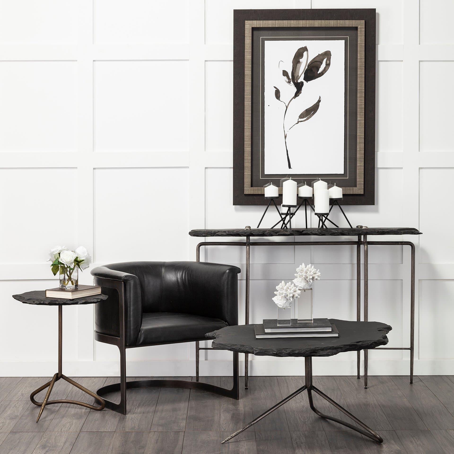Pinera II 19L x 19W Black Slate Top W/ Triangular Iron Base Accent Table — product photograph