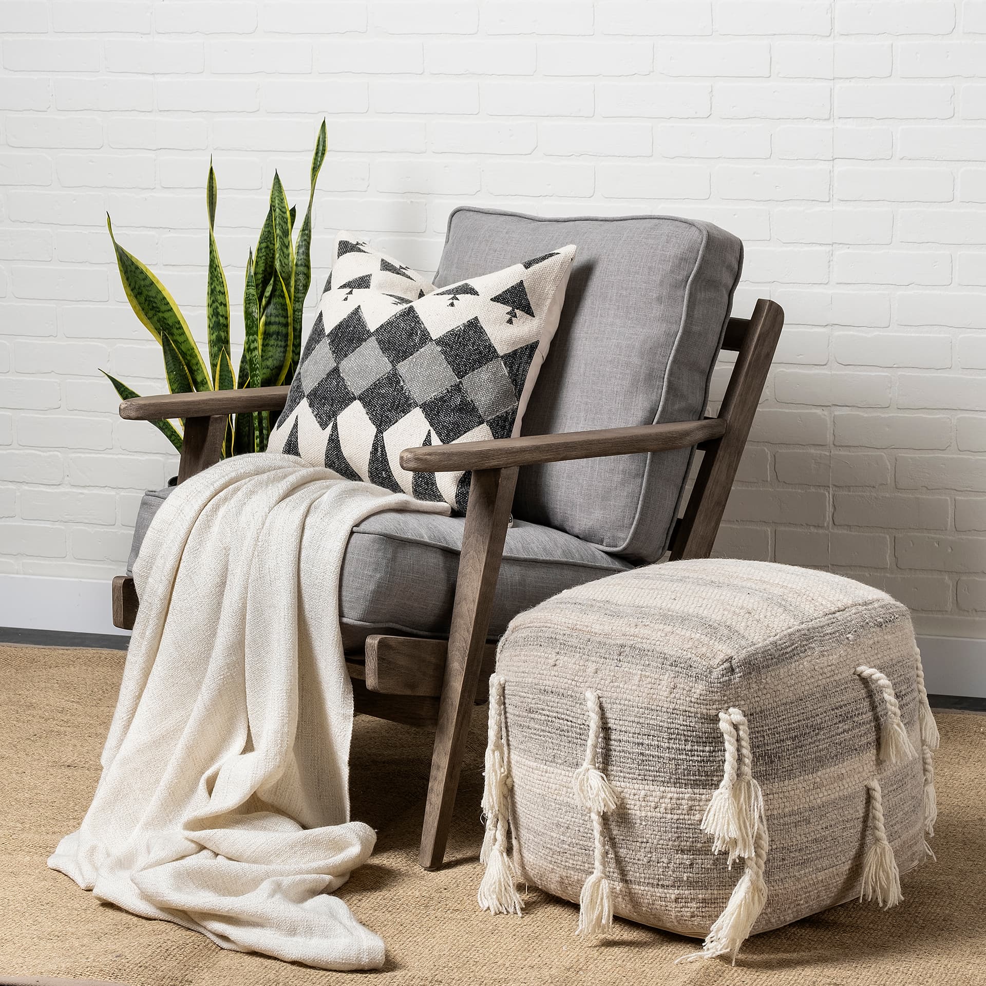 Olympus II Flint Gray Fabric Covered Wooden Frame Accent Chair — in a styled room