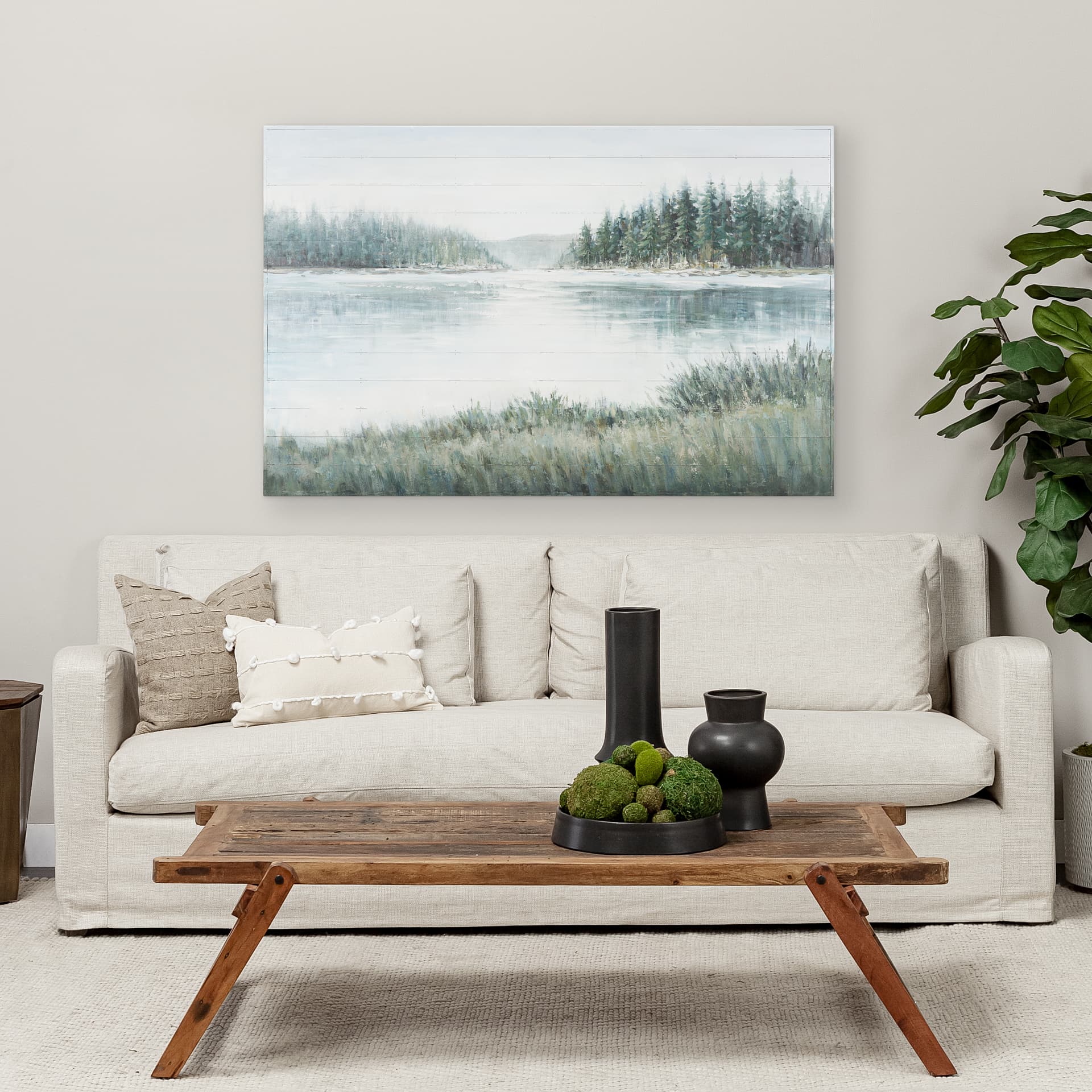 Mere Pond Lake 60x40 Hand Painted on Wood Oil Painting — in a styled room