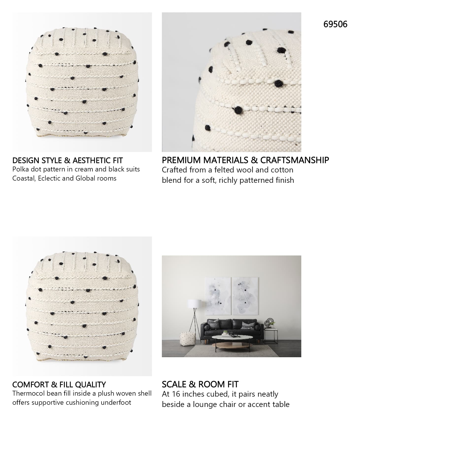 Amaira 16.0L x 16.0W x 16.0H Cream/Black/White patterned Wool and Cotton Pouf — in a styled room