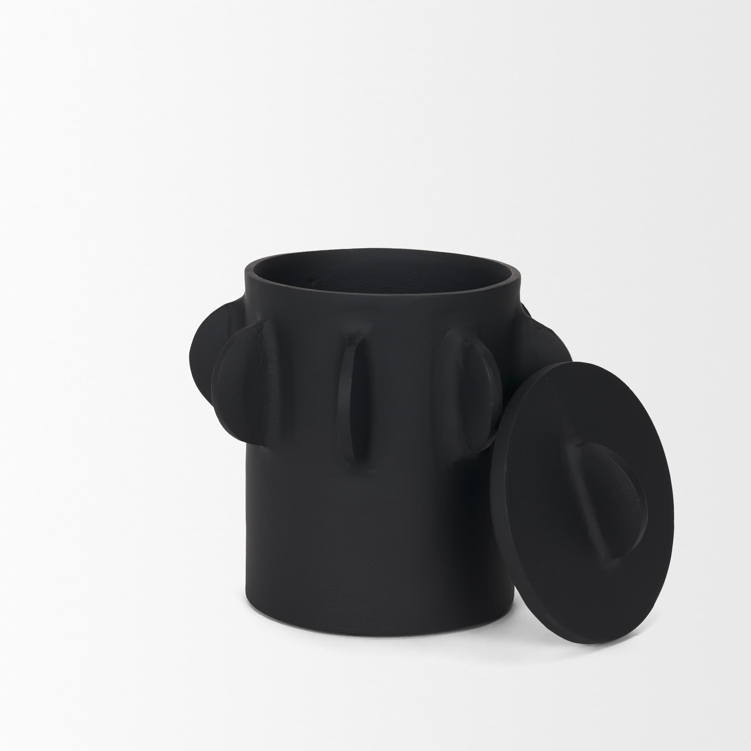 Deacon Small Matte Black Metal Canister with Sculptural Handles — product photograph