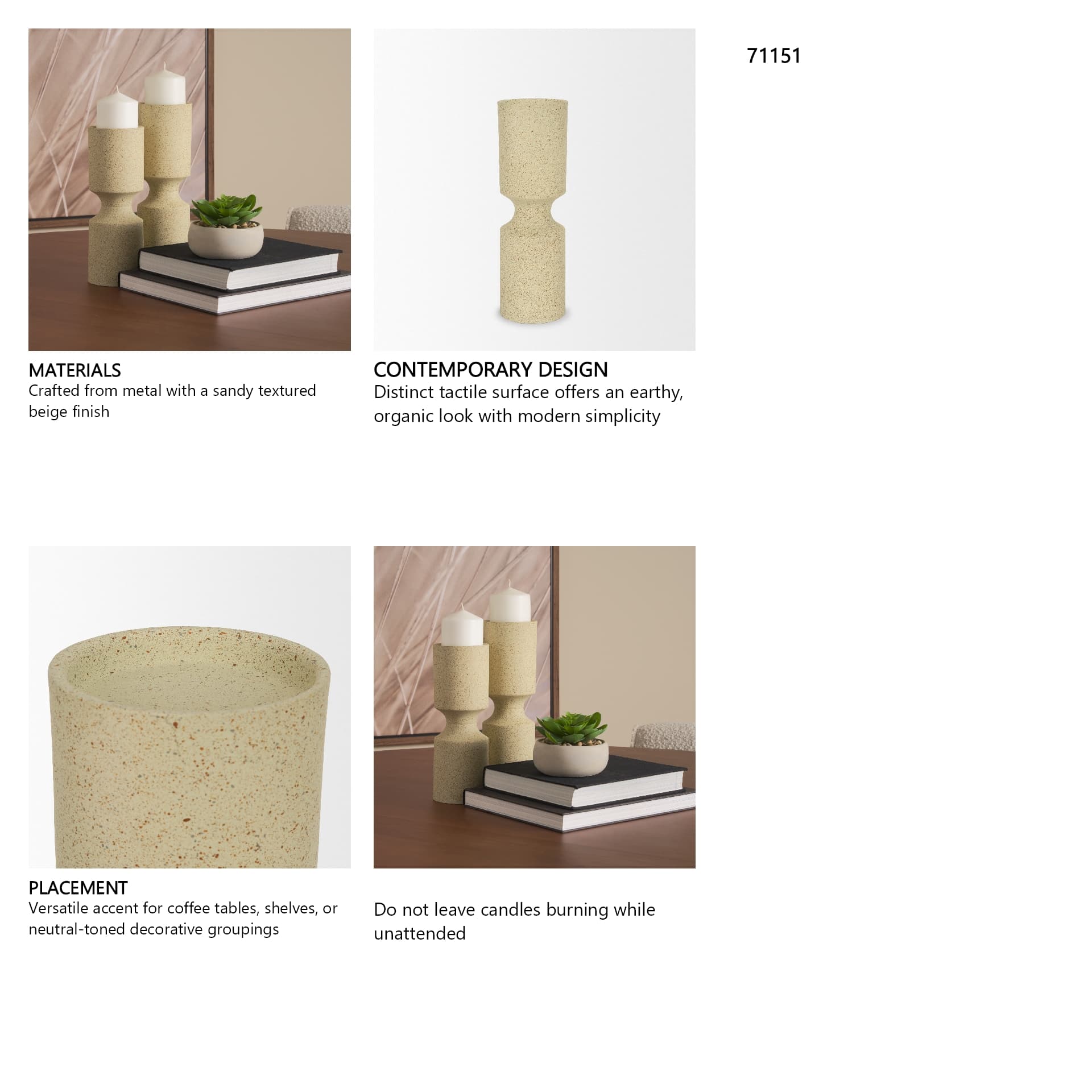 Akira Large Textured Beige Metal Pillar Candle Holder — in a styled room