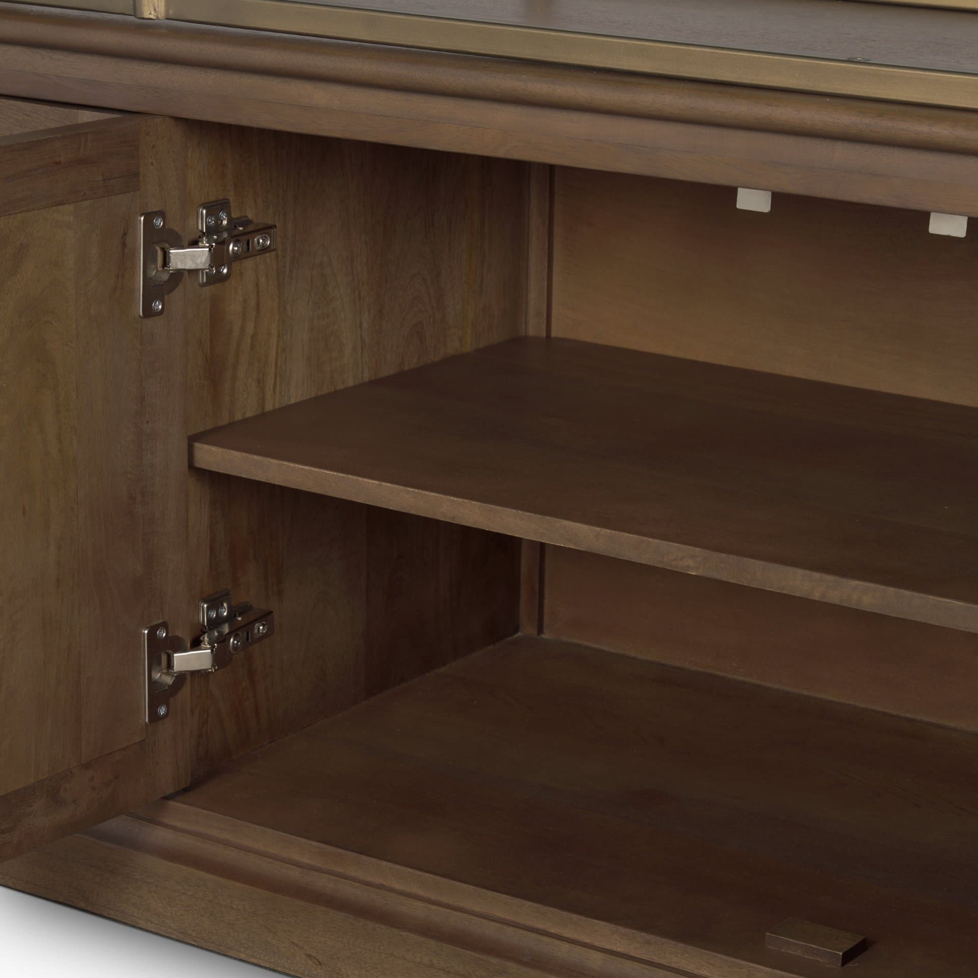 Baron 4-Door Dark Brown Wood w/ Antique Brass Metal Open Shelving Unit — product photograph