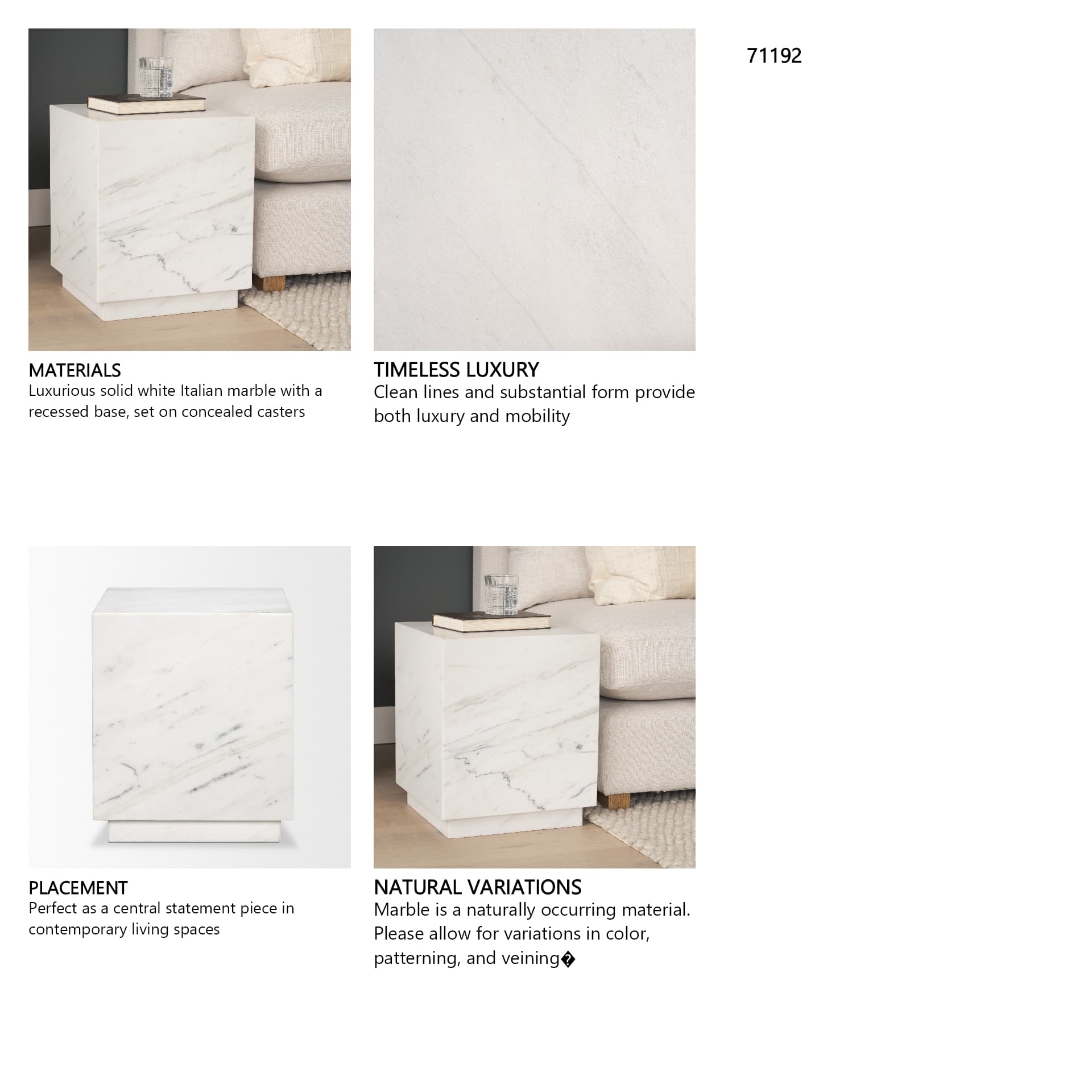 Matteo Solid White Marble Square Side Table — product photograph